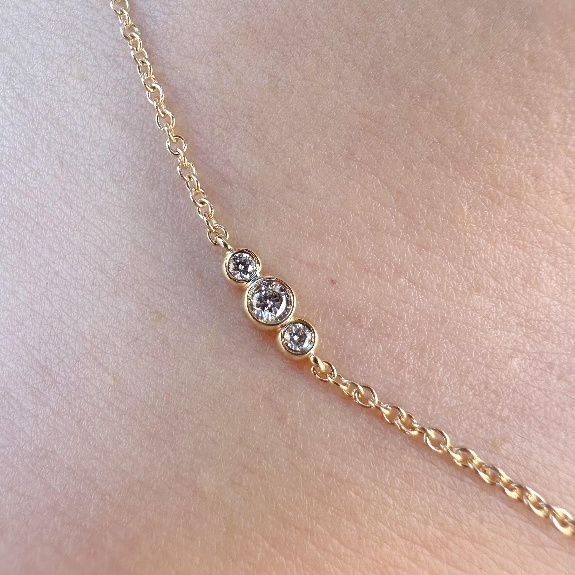14K Solid Gold Genuine Bezel Diamond Strand Necklace