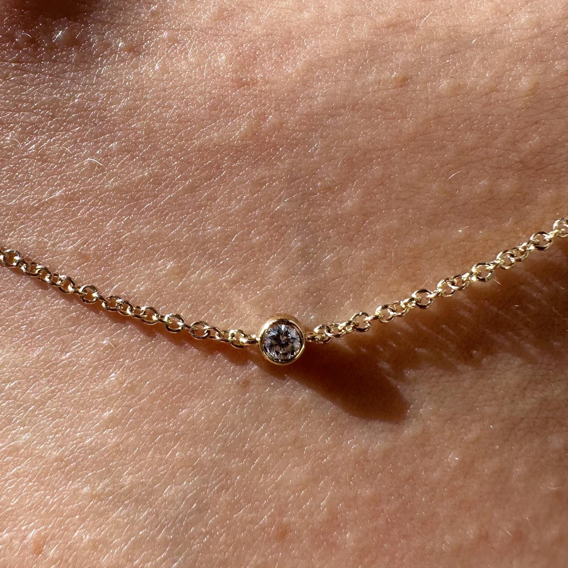 14K Solid Gold Genuine Bezel Diamond Strand Necklace