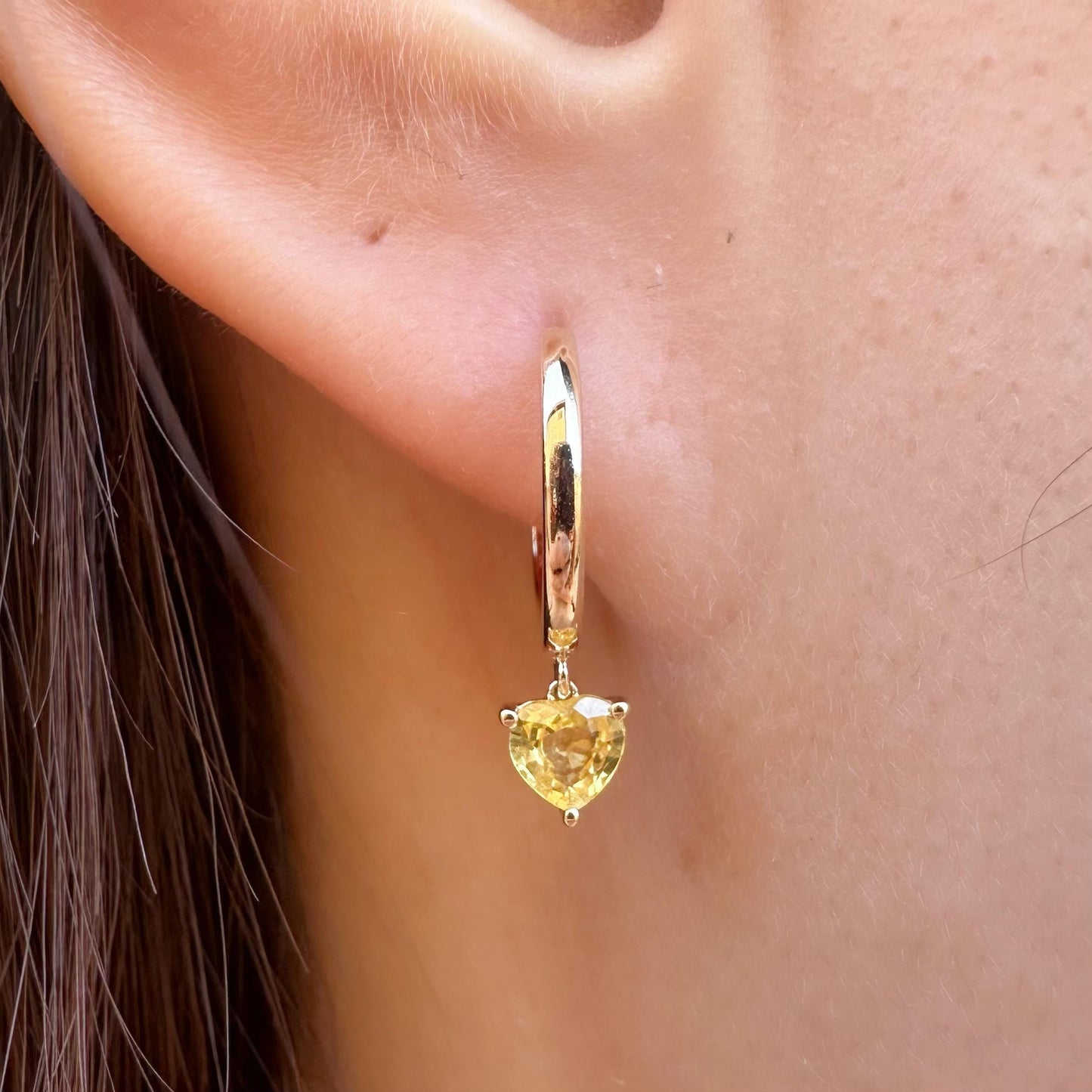 14K Solid Gold Genuine Yellow Sapphire Heart Huggies/Hoops/Pair