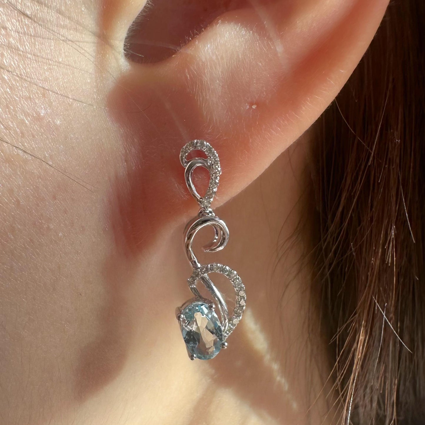 14K Solid White Gold Genuine Diamond and Aquamarine Dangle Earrings/Pair