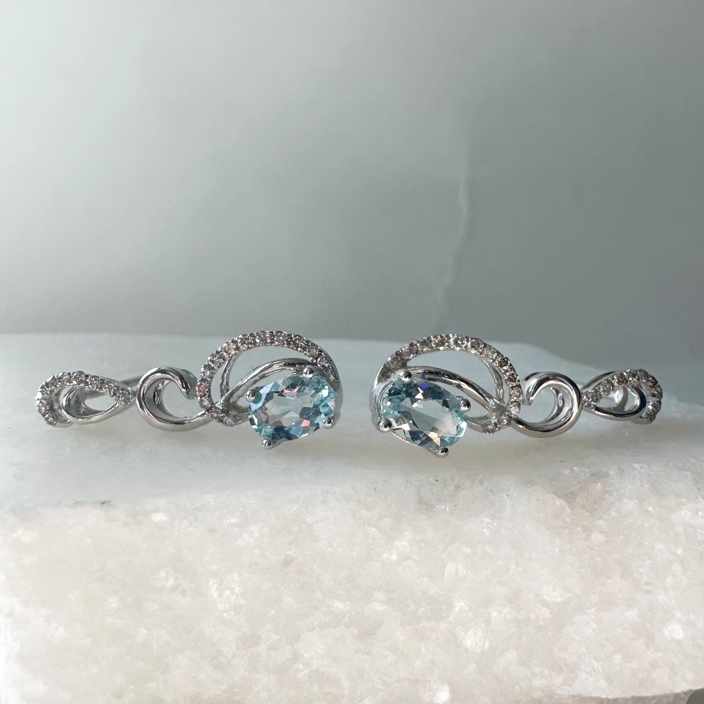 14K Solid White Gold Genuine Diamond and Aquamarine Dangle Earrings/Pair