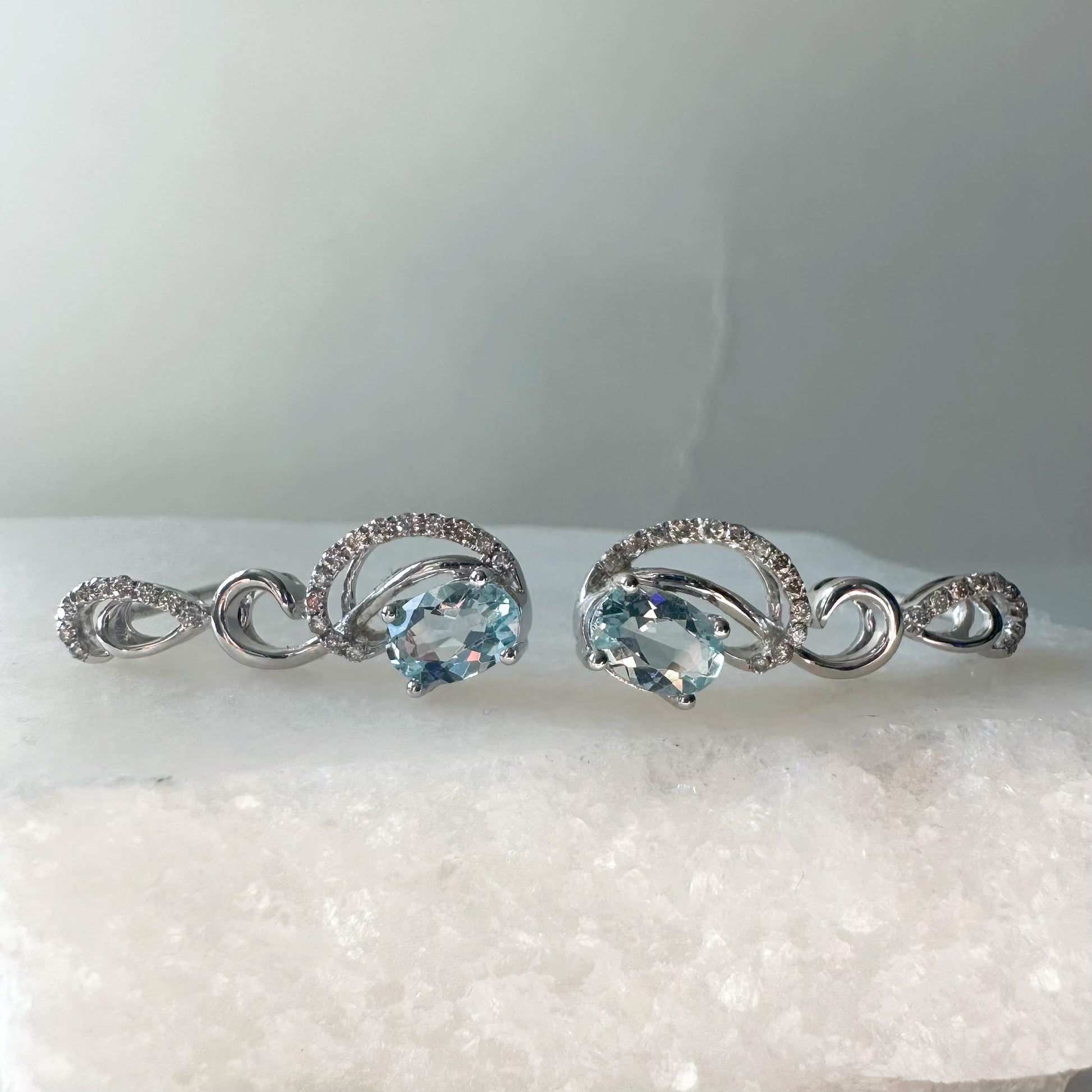 14K Solid White Gold Genuine Diamond and Aquamarine Dangle Earrings/Pair