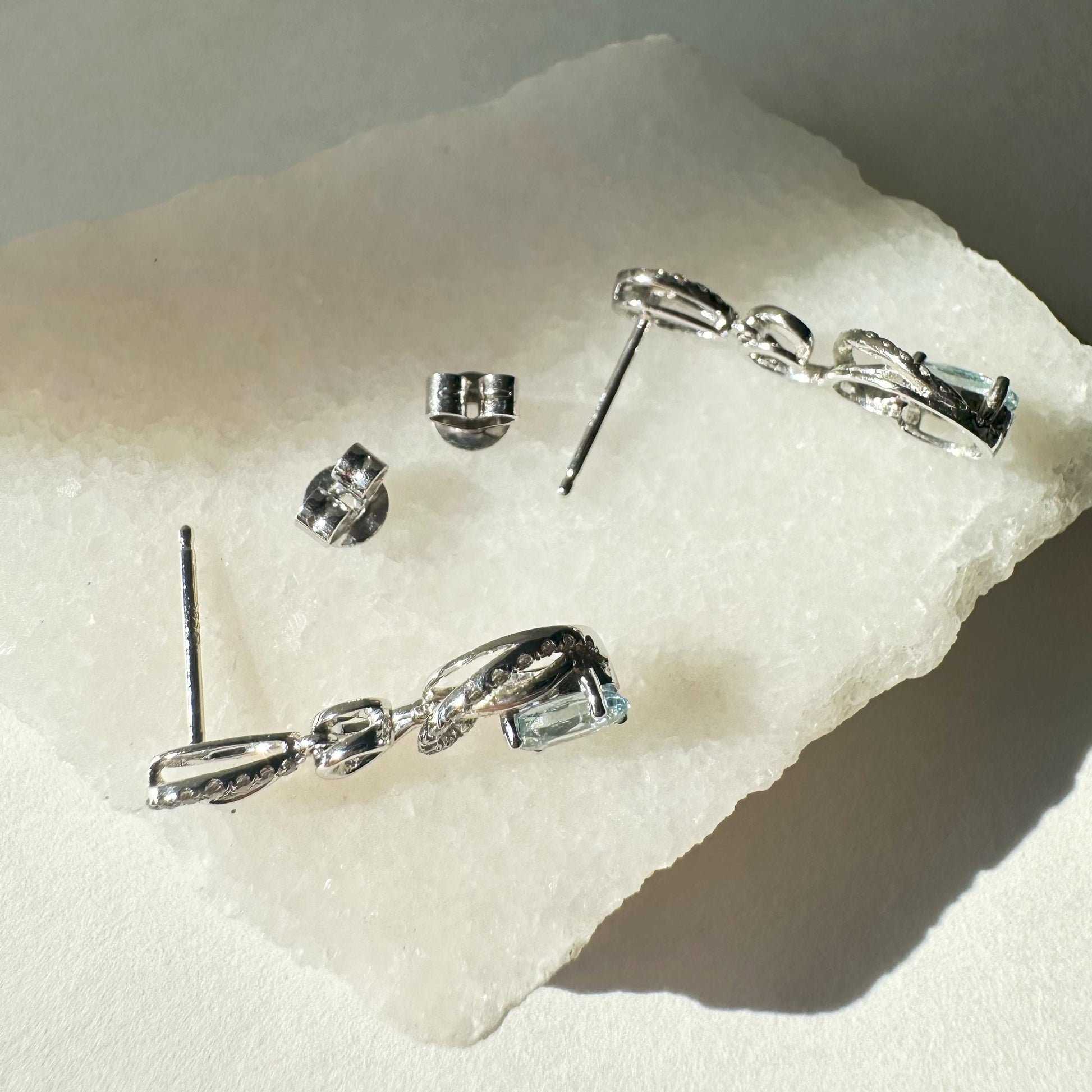 14K Solid White Gold Genuine Diamond and Aquamarine Dangle Earrings/Pair