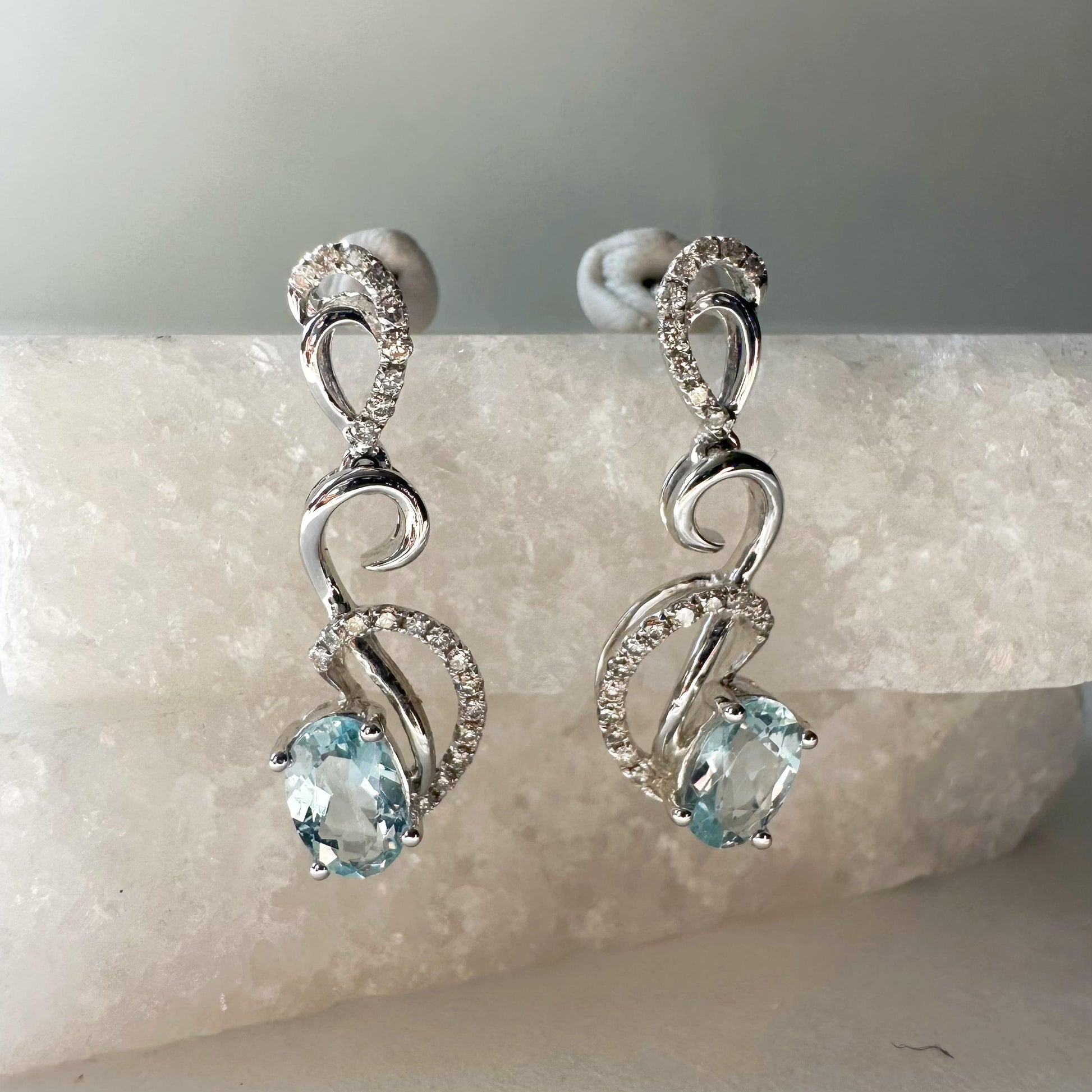 14K Solid White Gold Genuine Diamond and Aquamarine Dangle Earrings/Pair