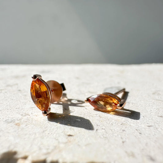 14K Solid Rose Gold Orange Sapphire Marquise Studs (pair)