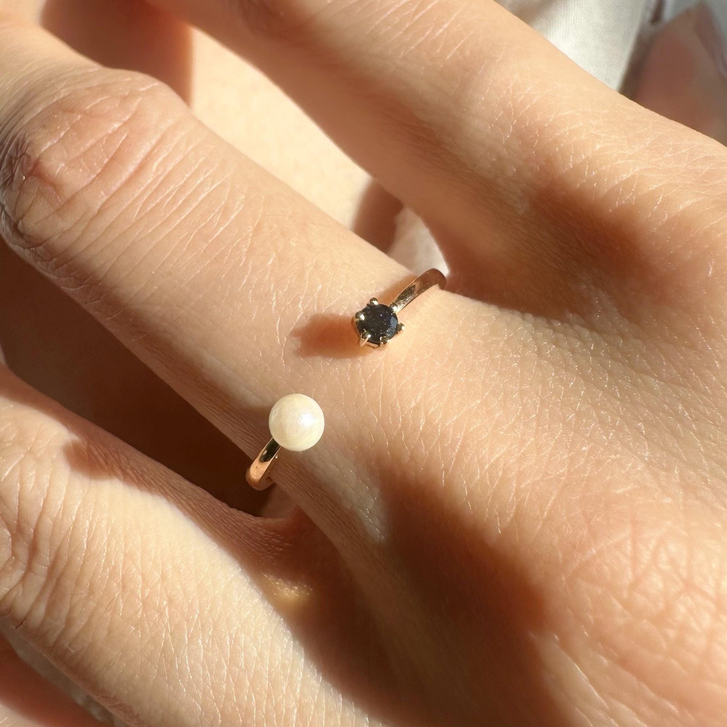 18K Solid Rose Gold Genuine Sapphire and Pearl Open Ring