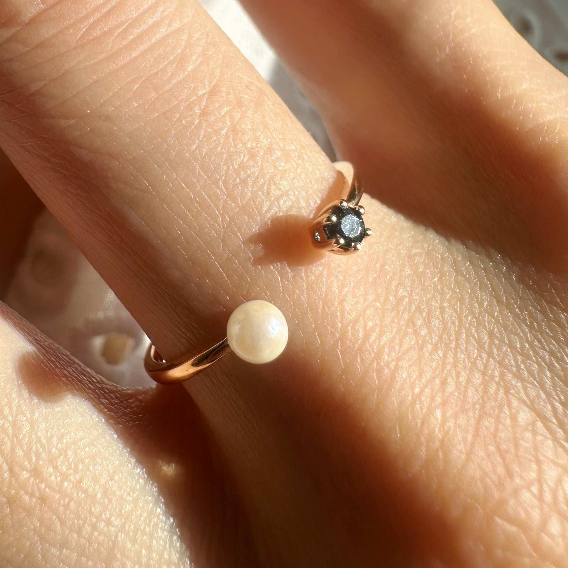 18K Solid Rose Gold Genuine Sapphire and Pearl Open Ring