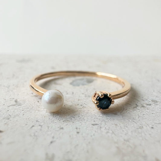 18K Solid Rose Gold Genuine Sapphire and Pearl Open Ring