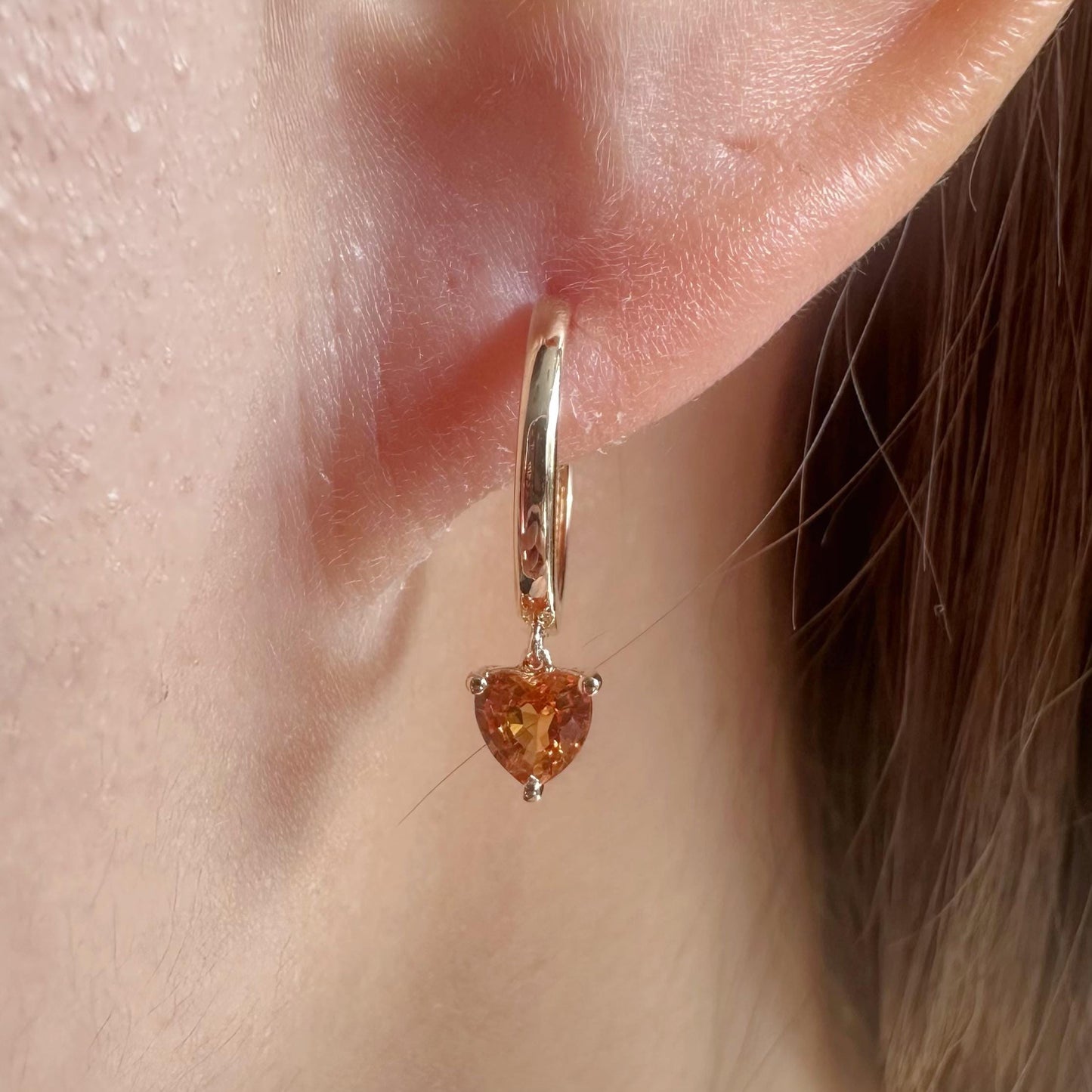 14K Solid Gold Genuine Orange Sapphire Heart Huggies/Hoops/Pair
