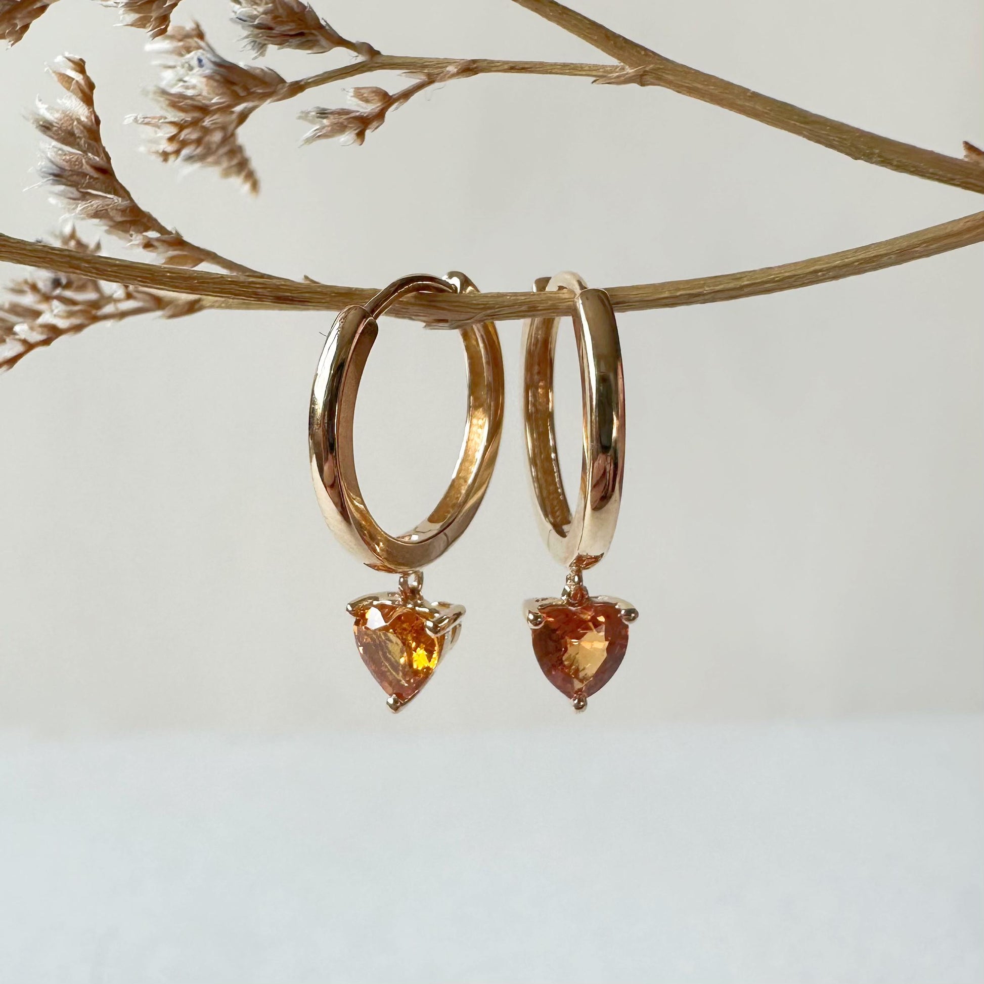 14K Solid Gold Genuine Orange Sapphire Heart Huggies/Hoops/Pair