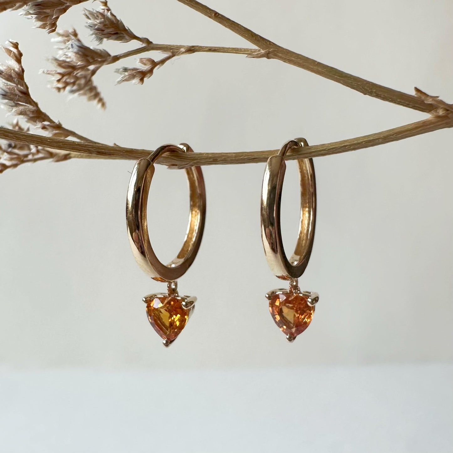 14K Solid Gold Genuine Orange Sapphire Heart Huggies/Hoops/Pair