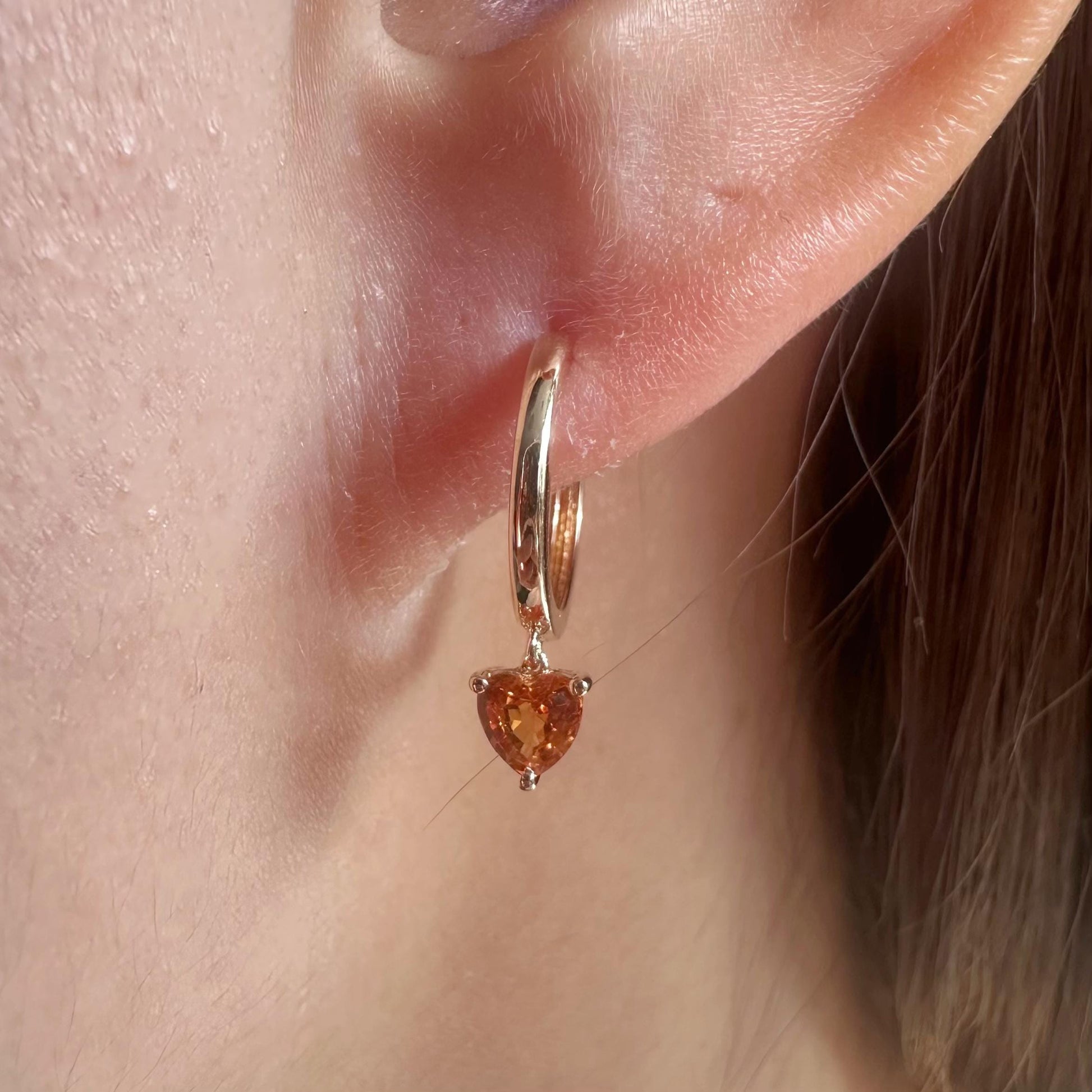 14K Solid Gold Genuine Orange Sapphire Heart Huggies/Hoops/Pair