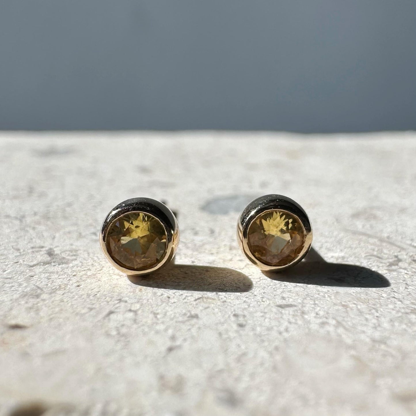 14K Solid Gold Genuine Yellow Sapphire Round Bezel Studs/Pair