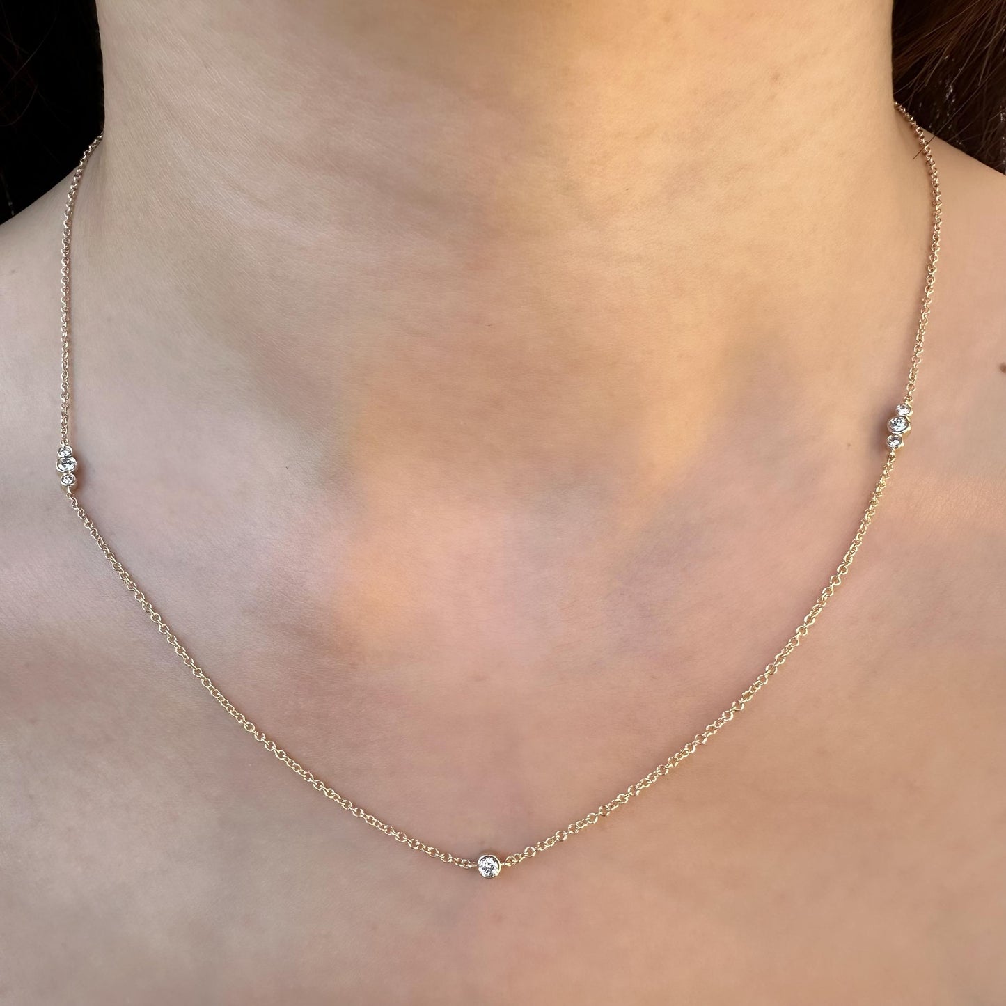 14K Solid Gold Genuine Bezel Diamond Strand Necklace