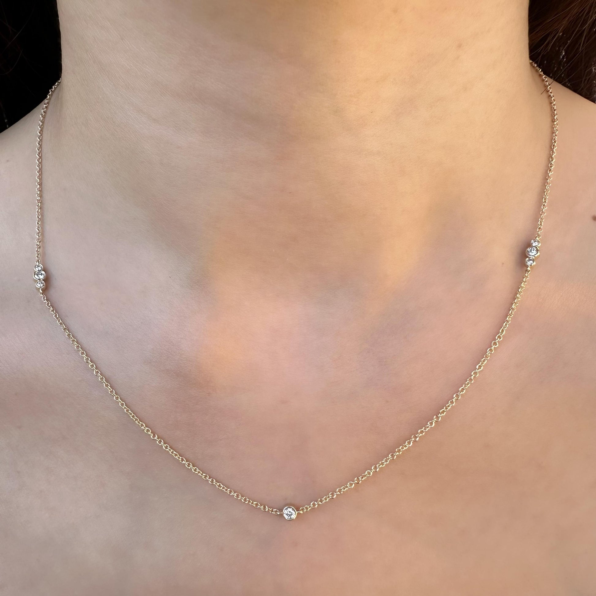 14K Solid Gold Genuine Bezel Diamond Strand Necklace