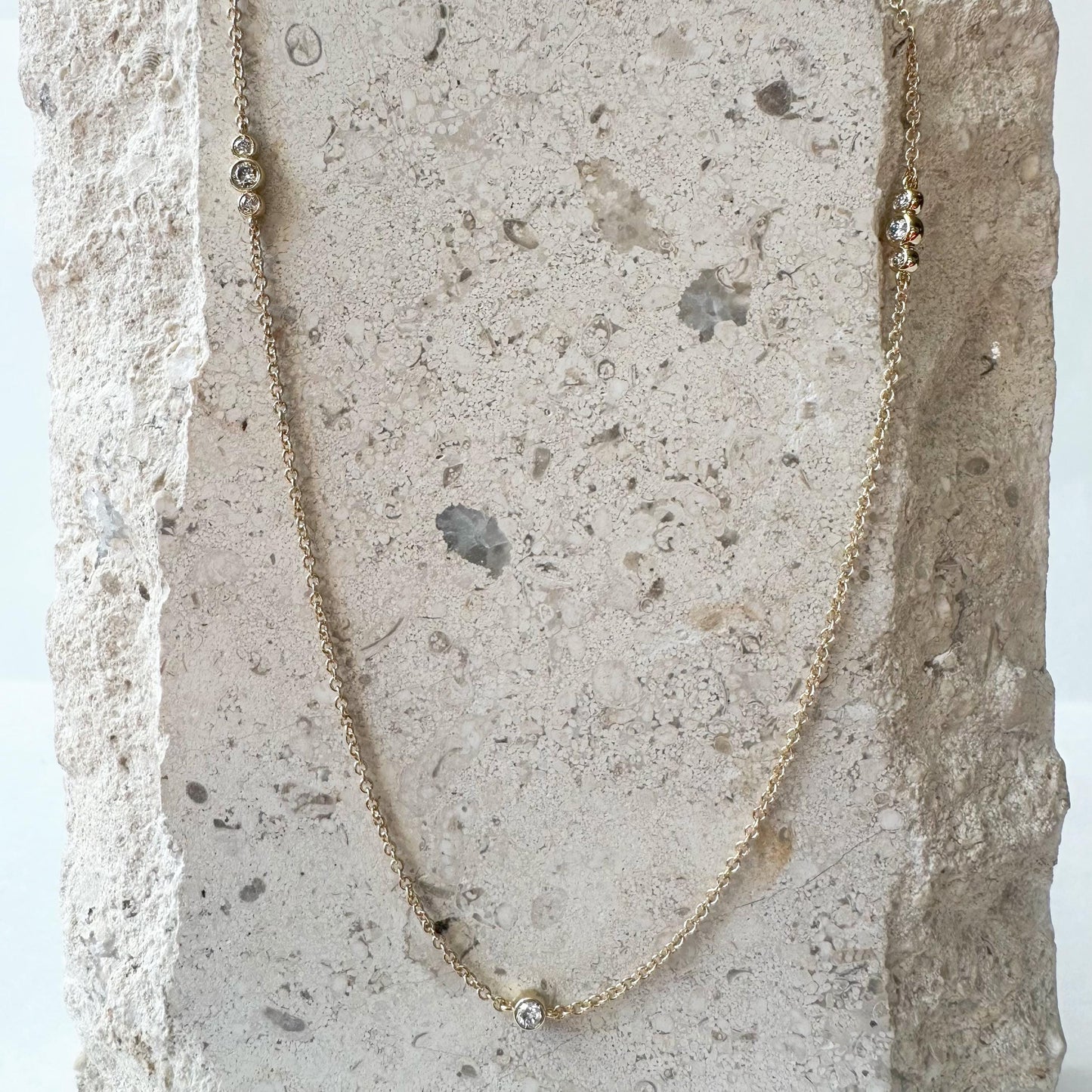 14K Solid Gold Genuine Bezel Diamond Strand Necklace