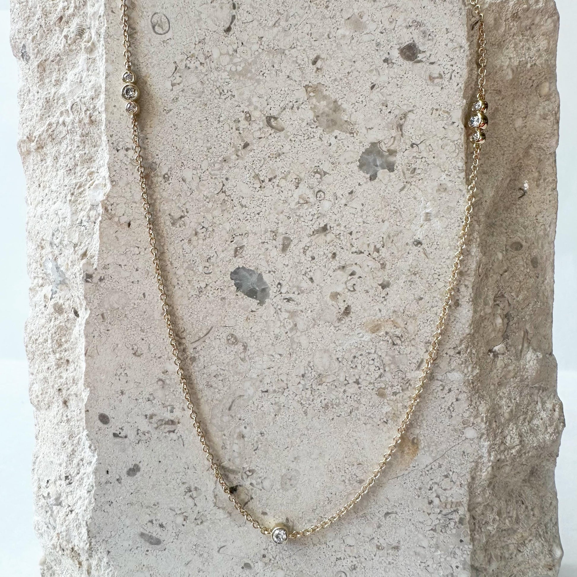 14K Solid Gold Genuine Bezel Diamond Strand Necklace