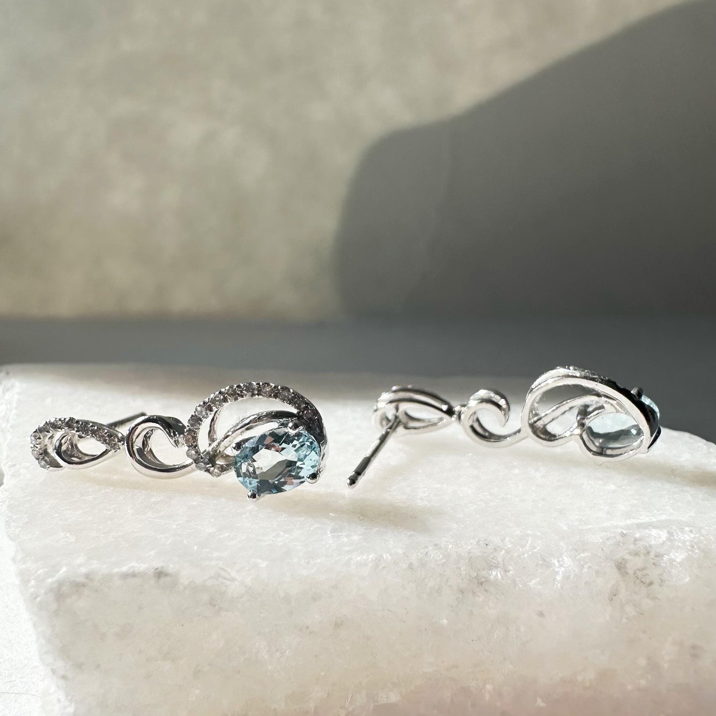 14K Solid White Gold Genuine Diamond and Aquamarine Dangle Earrings/Pair