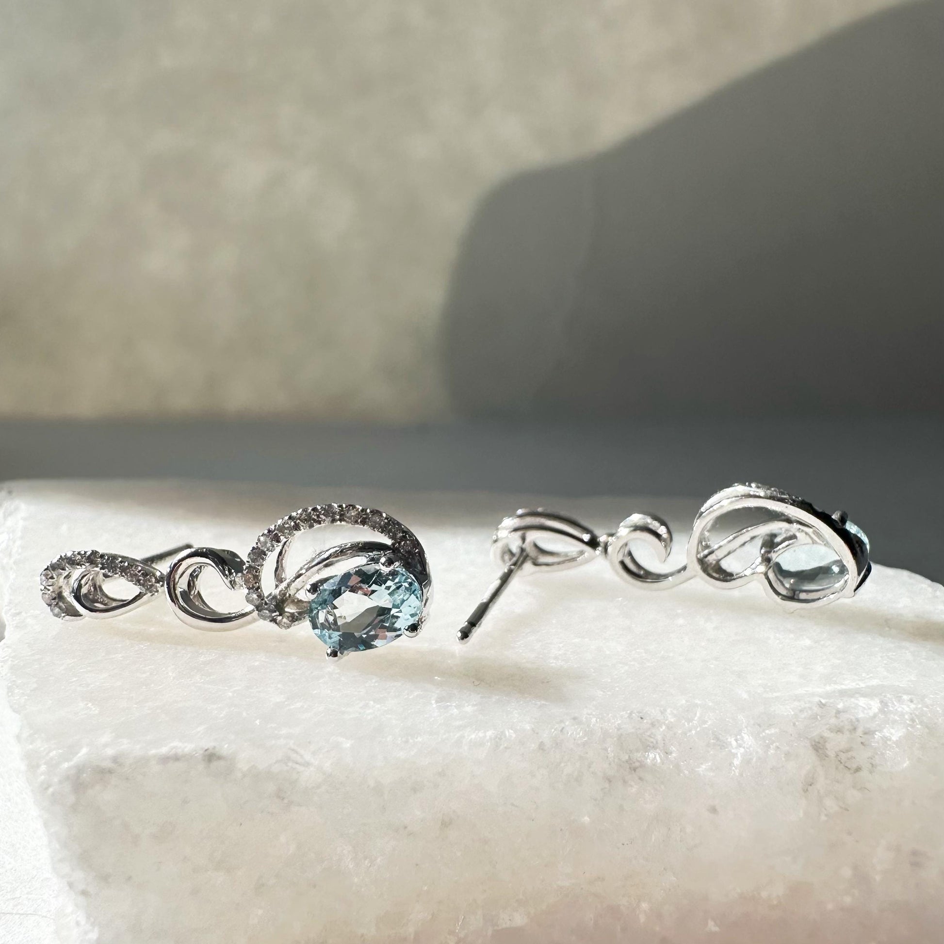 14K Solid White Gold Genuine Diamond and Aquamarine Dangle Earrings/Pair