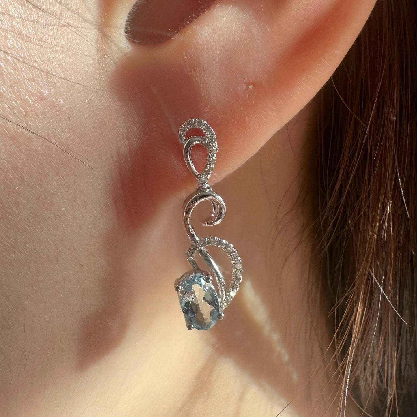 14K Solid White Gold Genuine Diamond and Aquamarine Dangle Earrings/Pair