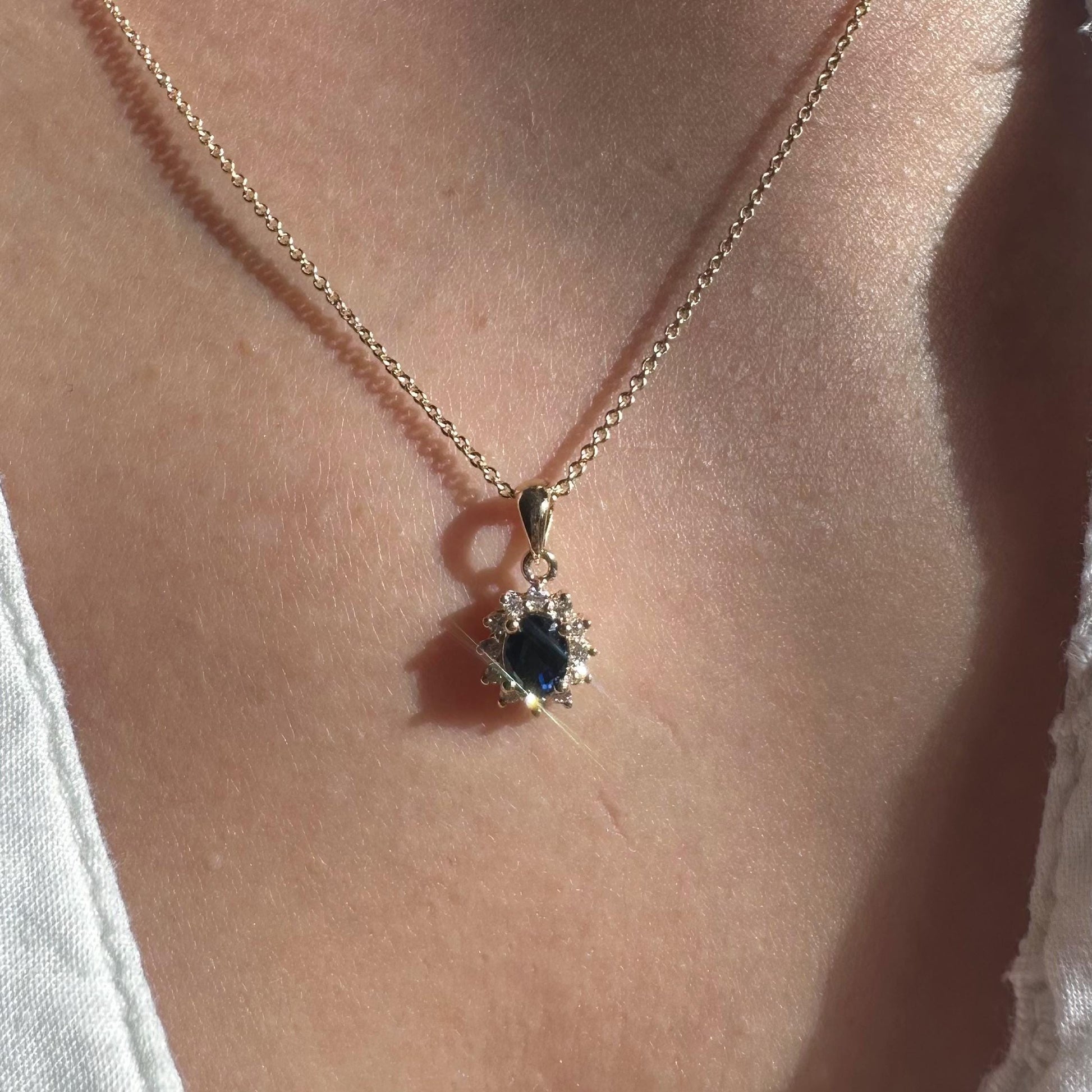 14K Solid Gold Sapphire and Diamond Halo Pendant