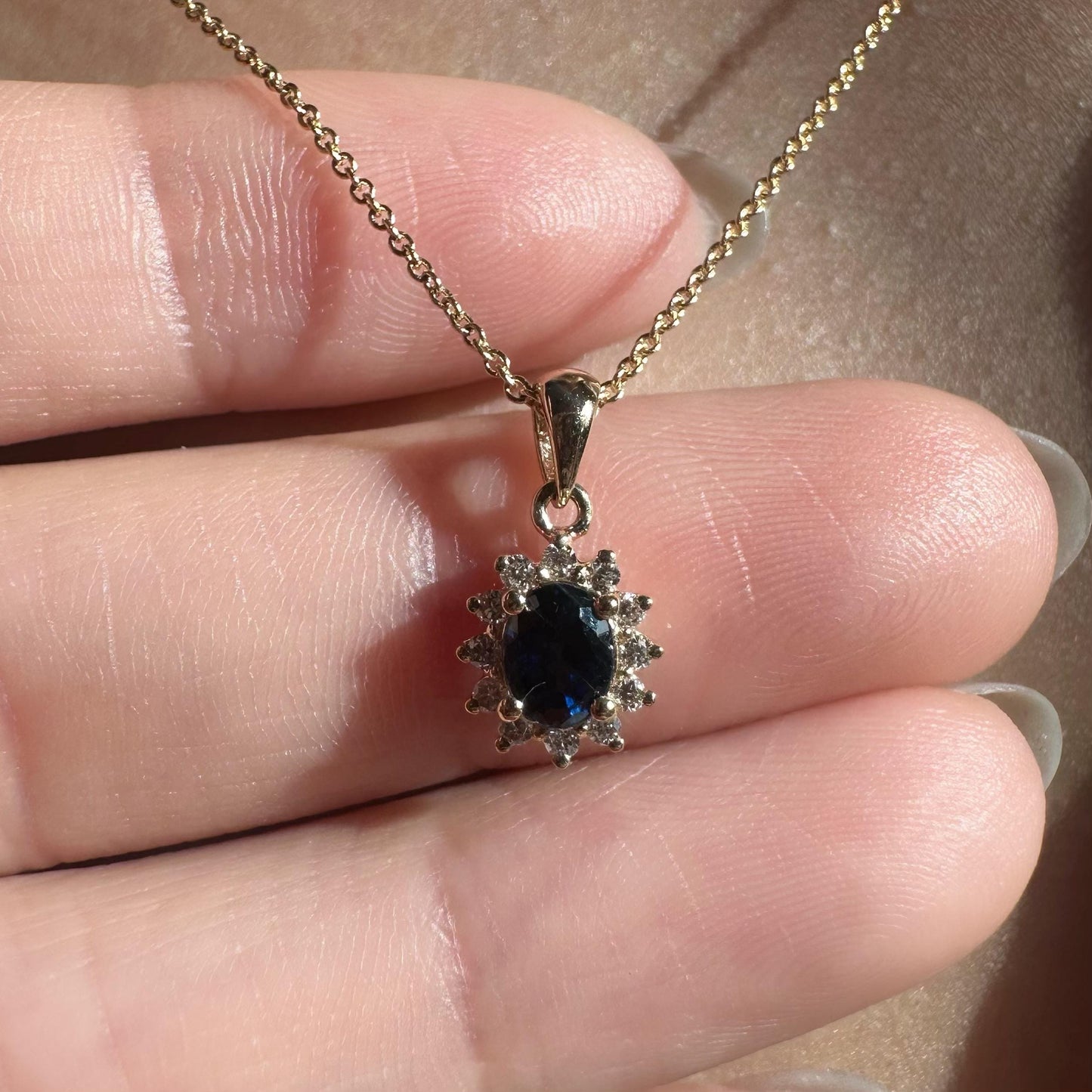 14K Solid Gold Sapphire and Diamond Halo Pendant