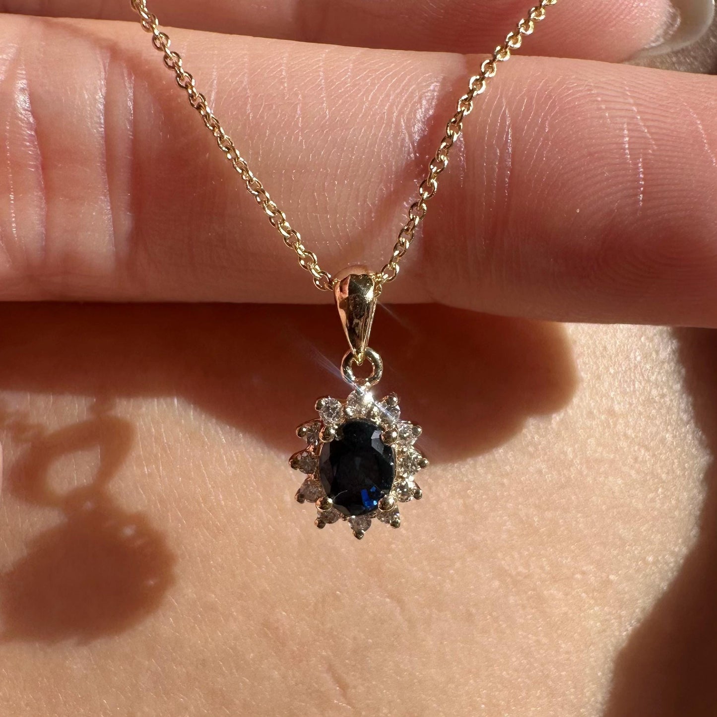 14K Solid Gold Sapphire and Diamond Halo Pendant