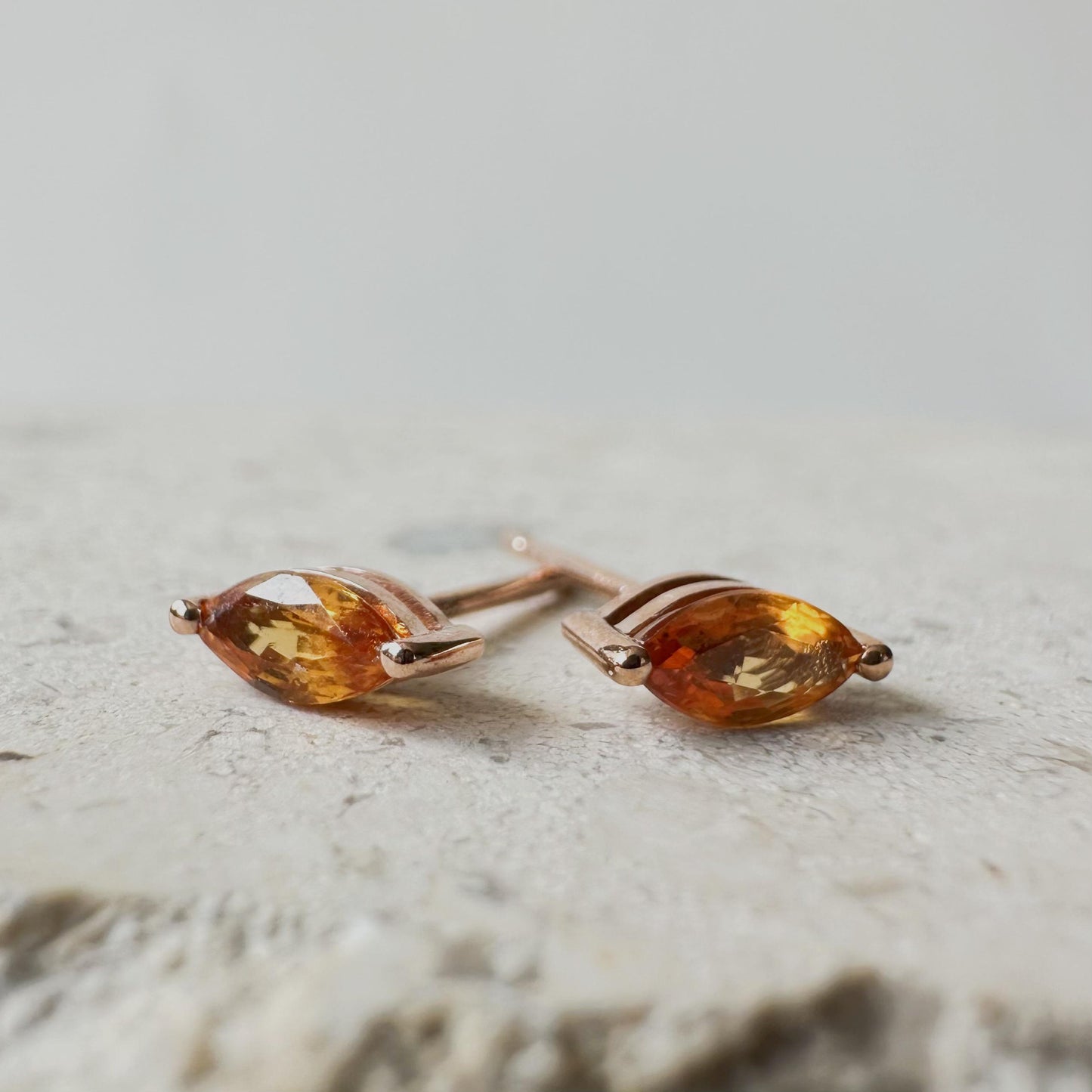 14K Solid Rose Gold Orange Sapphire Marquise Studs (pair)
