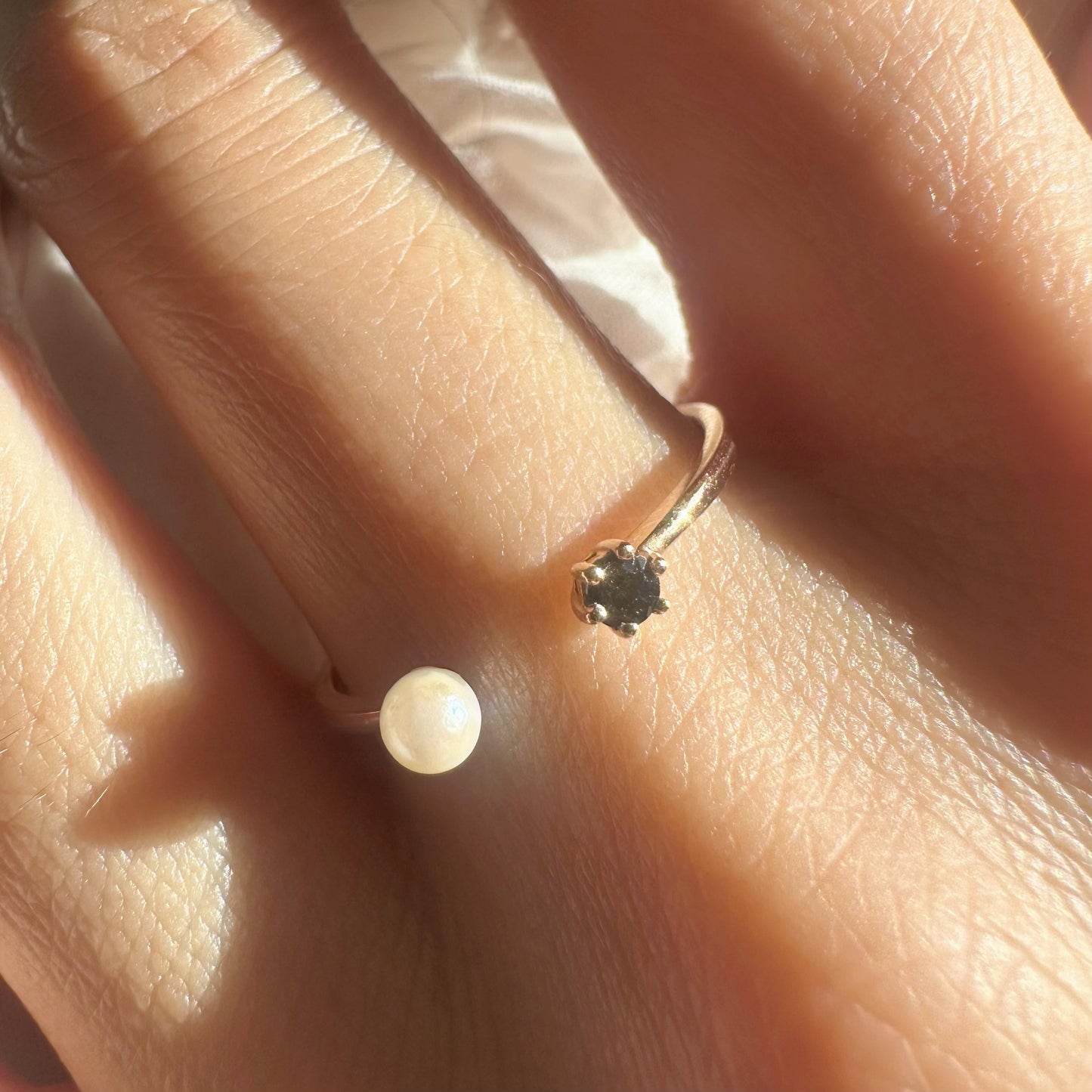 18K Solid Rose Gold Genuine Sapphire and Pearl Open Ring