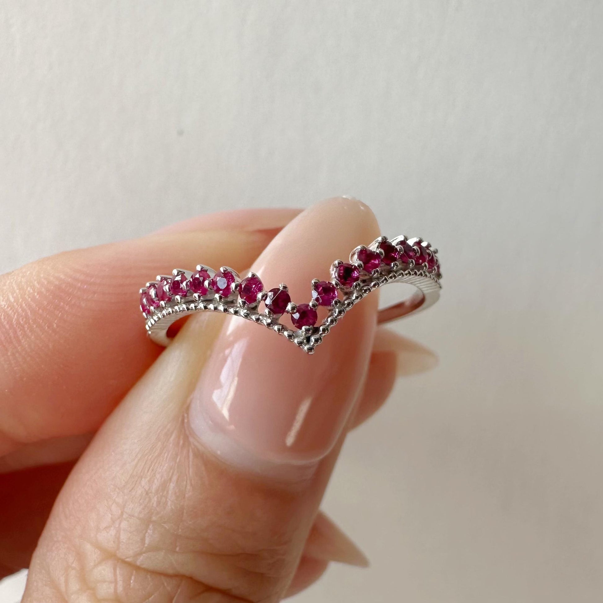 14K Solid White Gold Genuine Ruby Chevron Ring