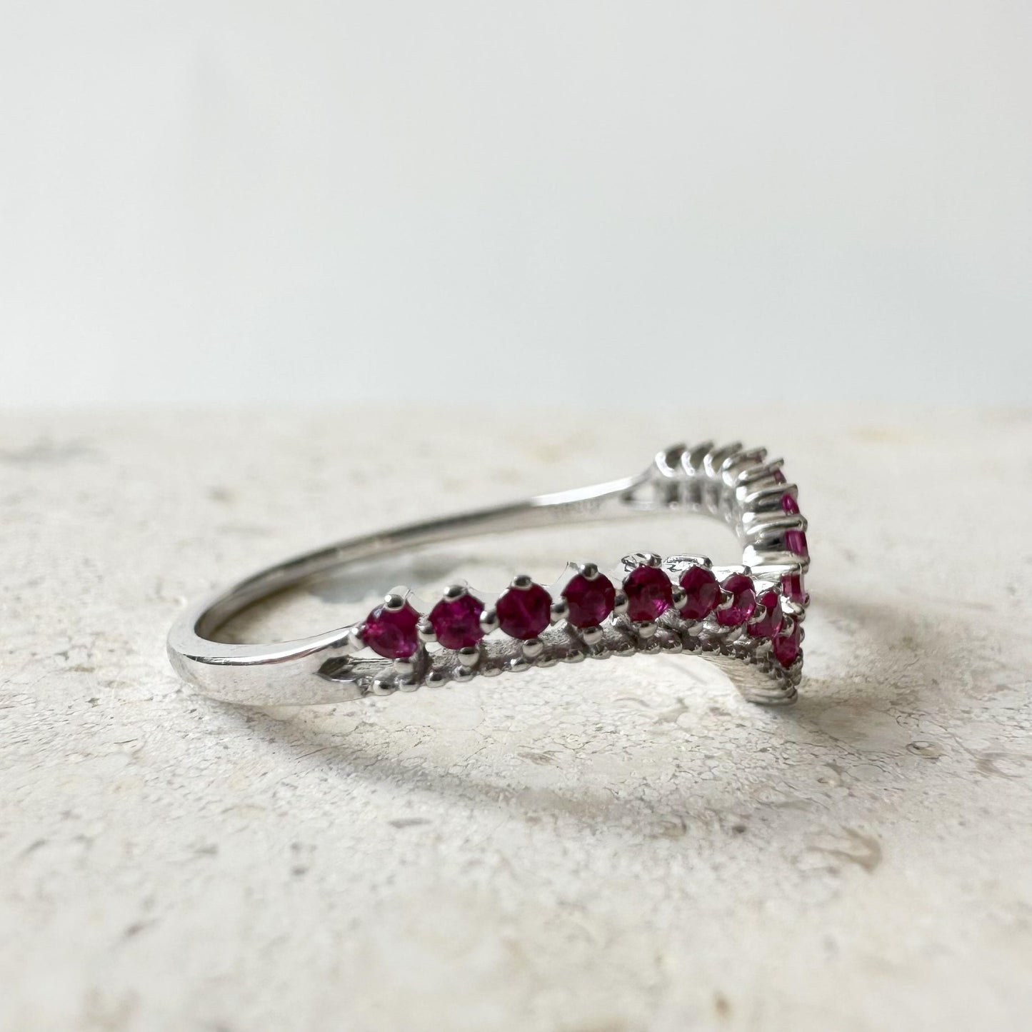 14K Solid White Gold Genuine Ruby Chevron Ring