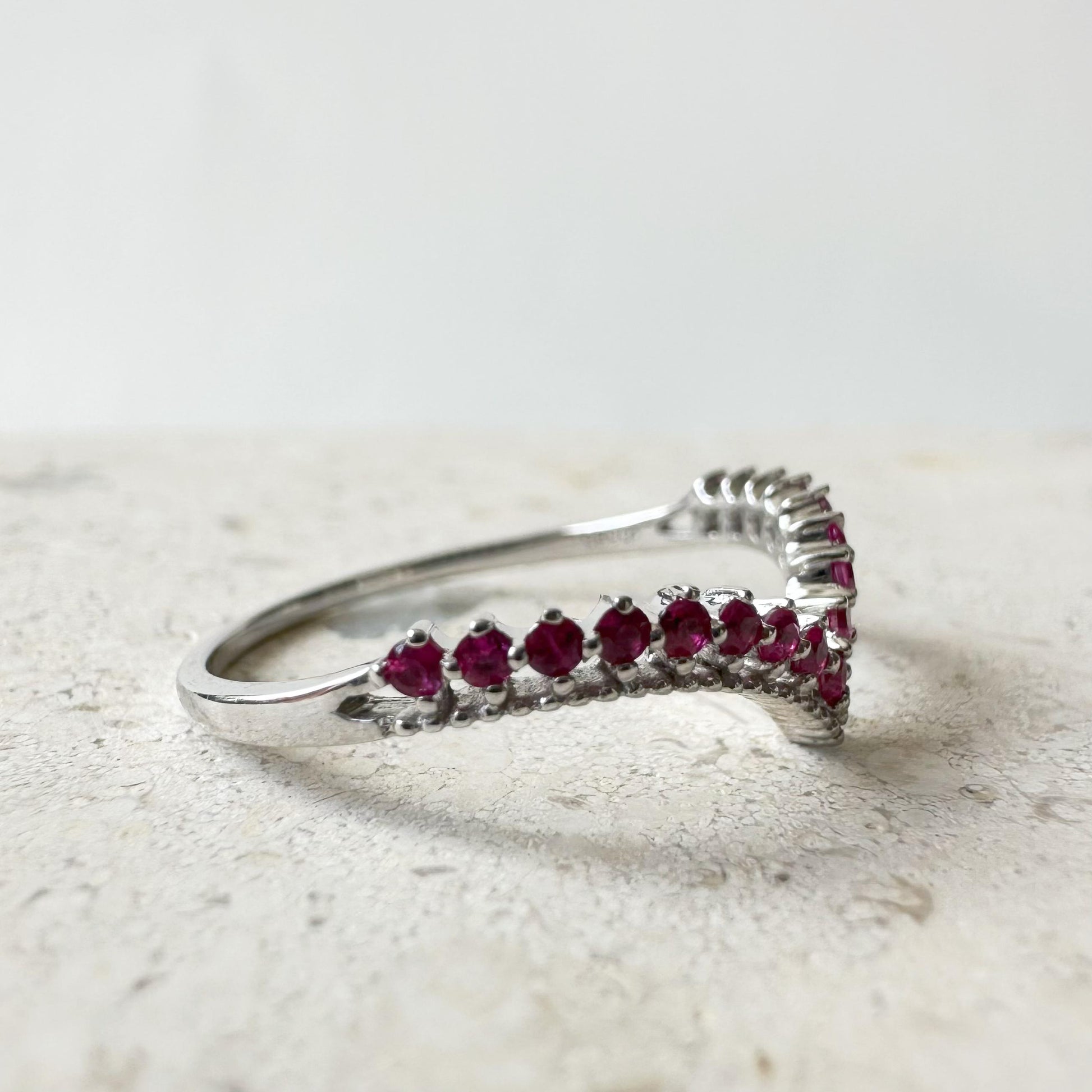14K Solid White Gold Genuine Ruby Chevron Ring