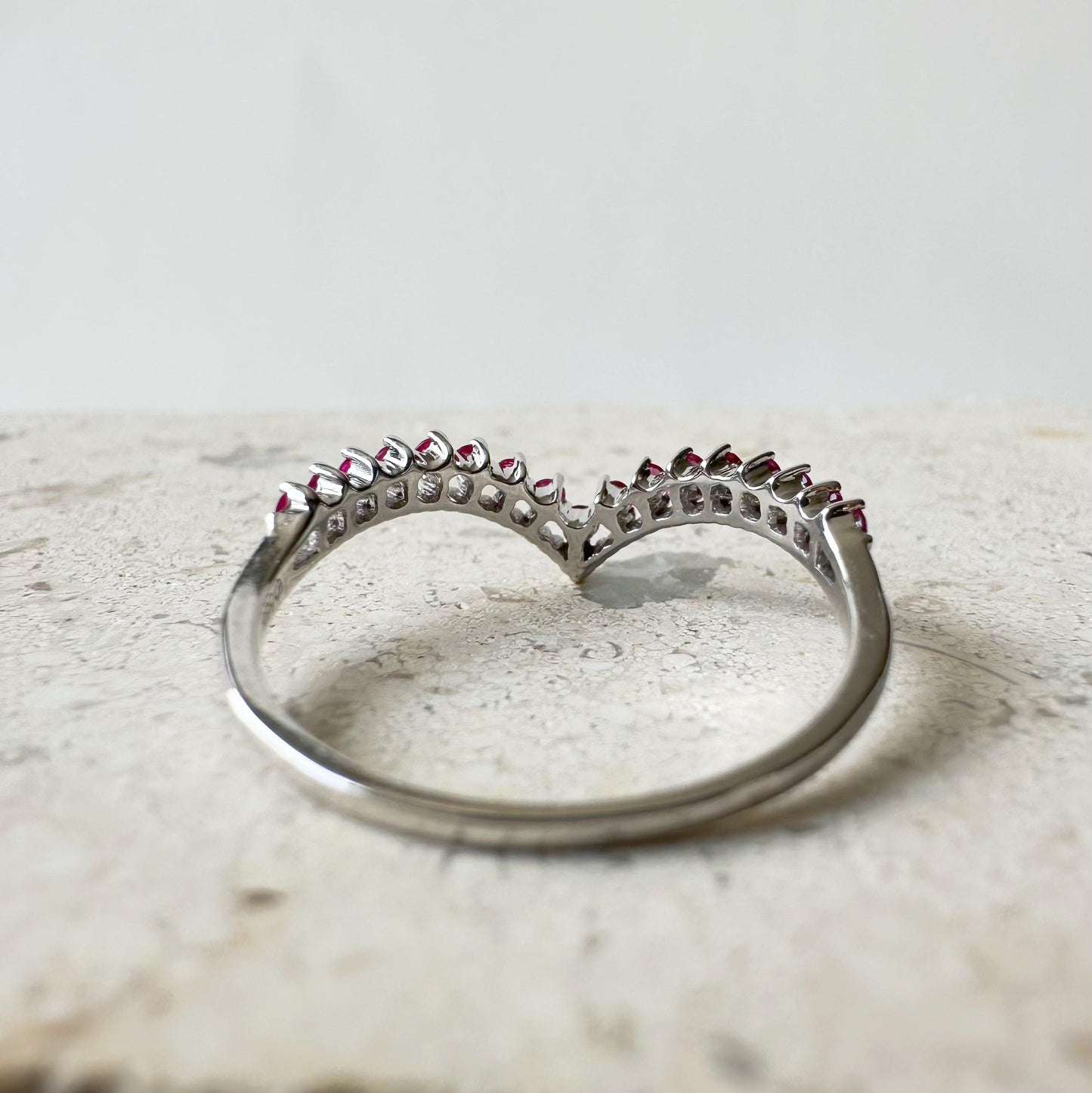 14K Solid White Gold Genuine Ruby Chevron Ring