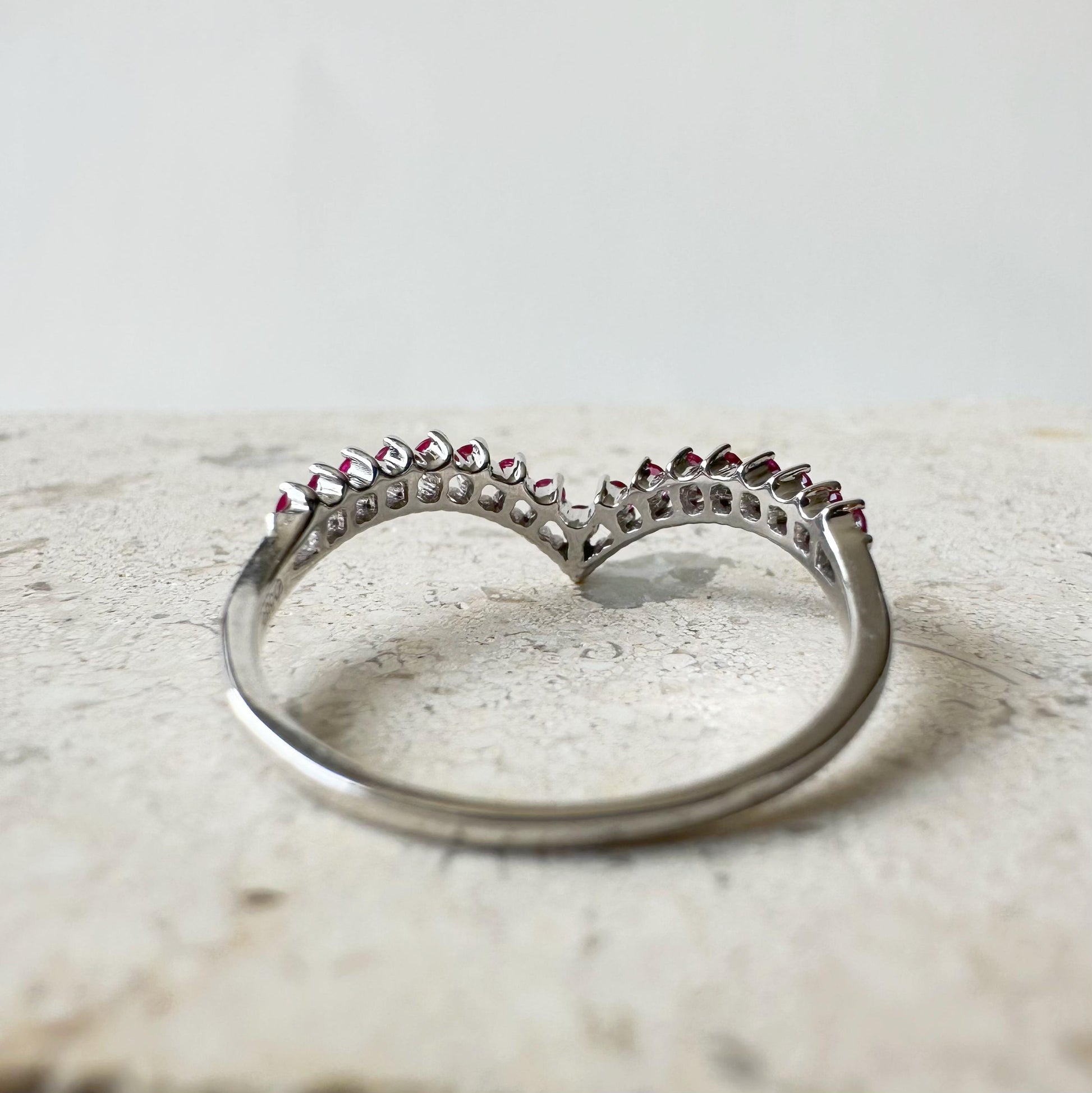 14K Solid White Gold Genuine Ruby Chevron Ring