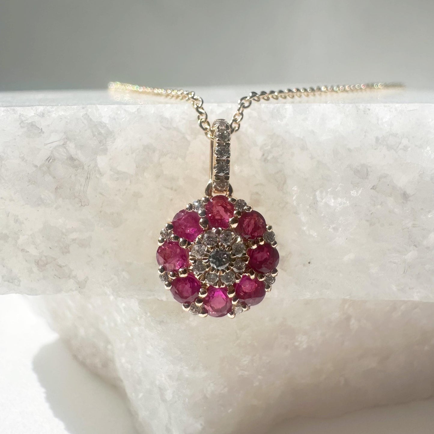 14K Solid Gold Genuine Ruby and Diamond Flower Pendant