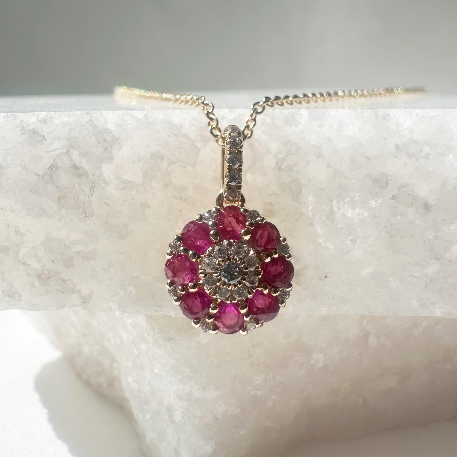 14K Solid Gold Genuine Ruby and Diamond Flower Pendant