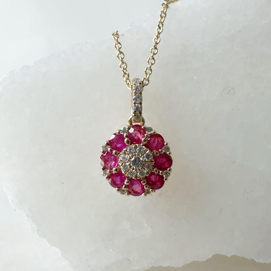 14K Solid Gold Genuine Ruby and Diamond Flower Pendant