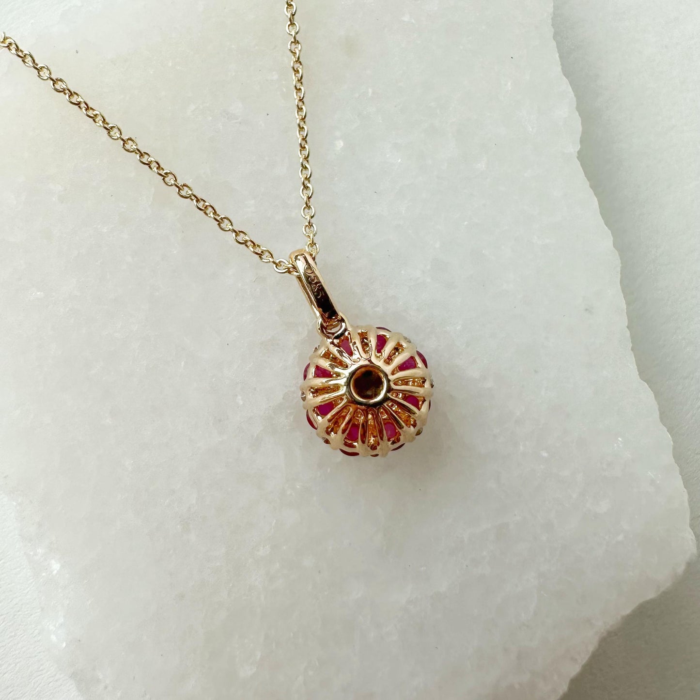 14K Solid Gold Genuine Ruby and Diamond Flower Pendant