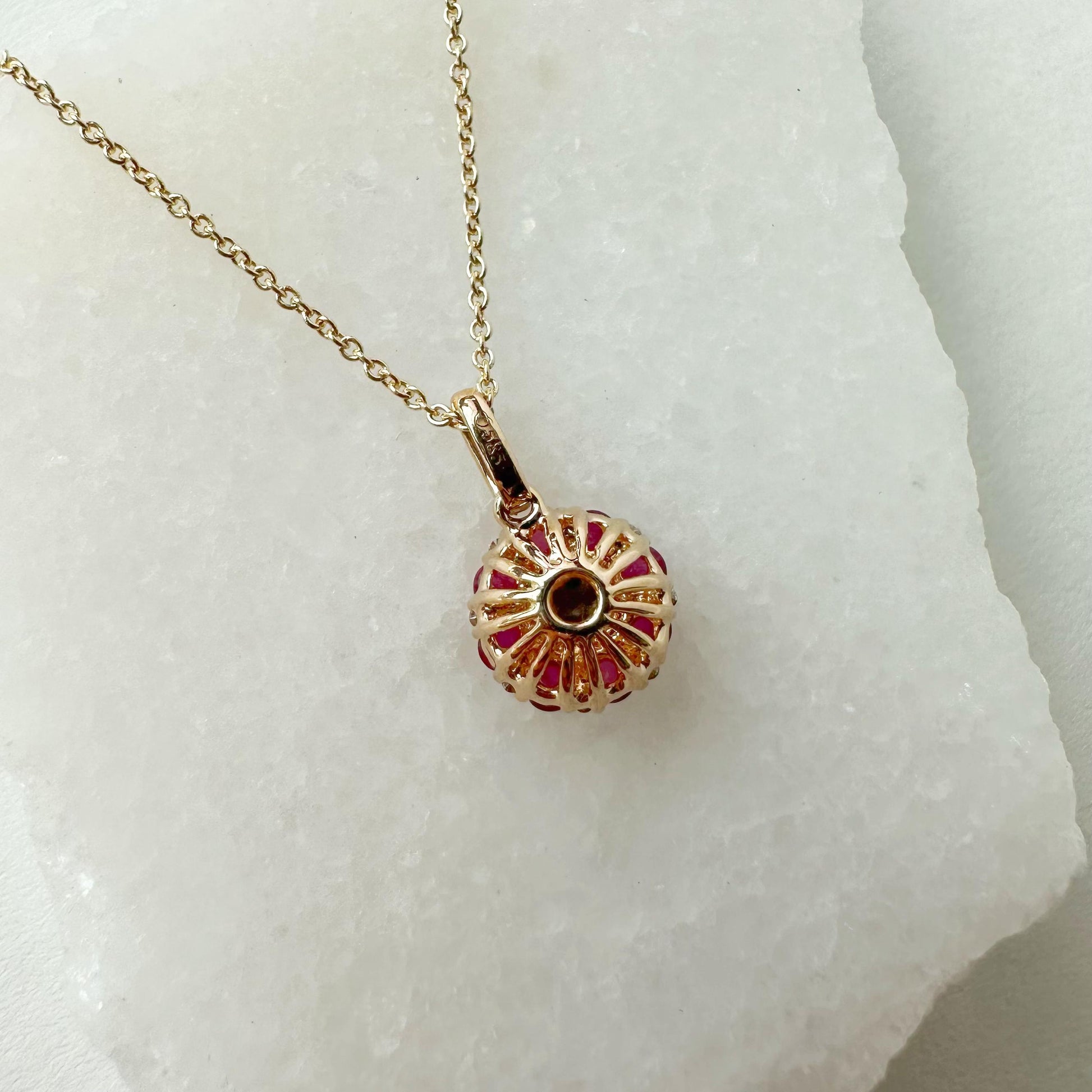 14K Solid Gold Genuine Ruby and Diamond Flower Pendant