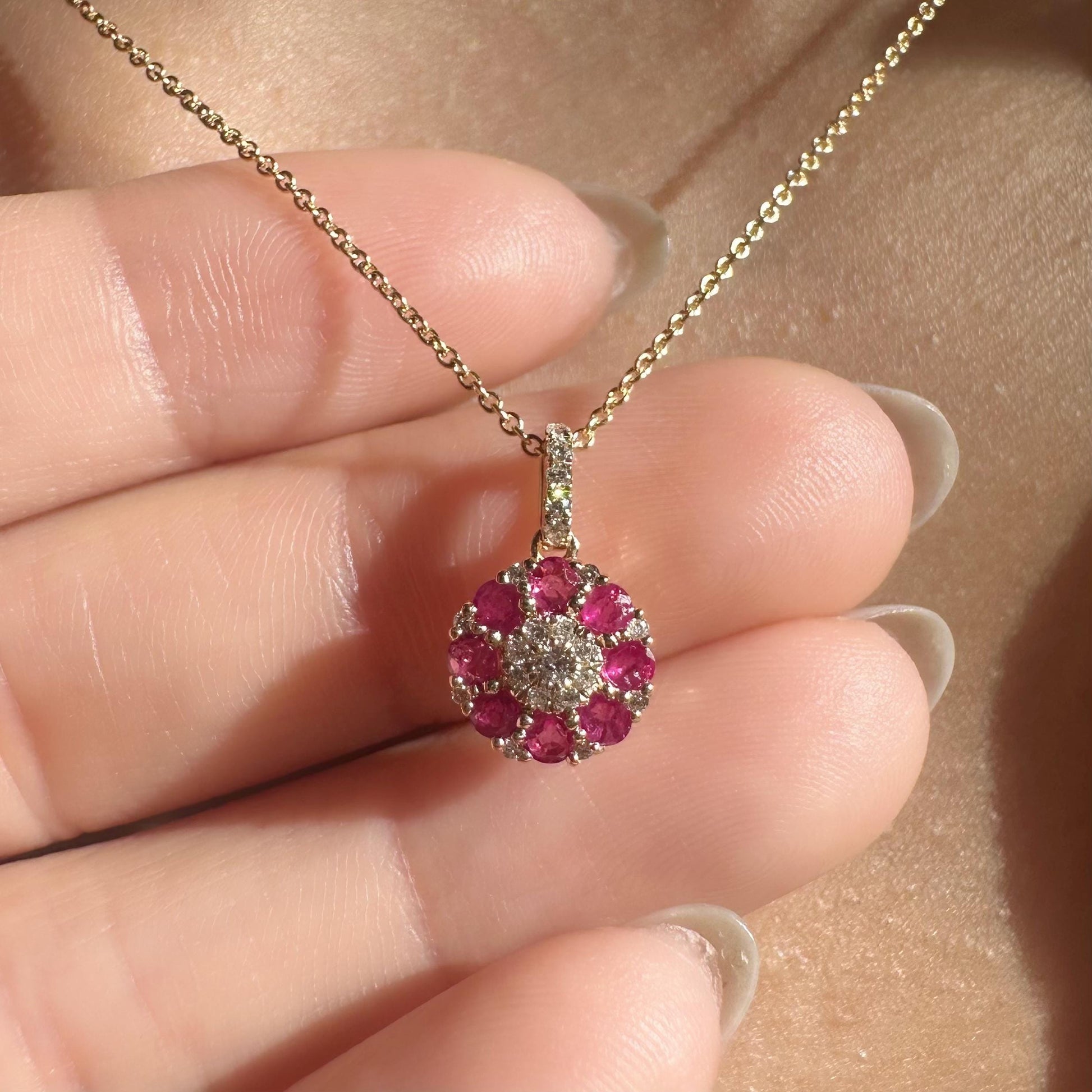 14K Solid Gold Genuine Ruby and Diamond Flower Pendant