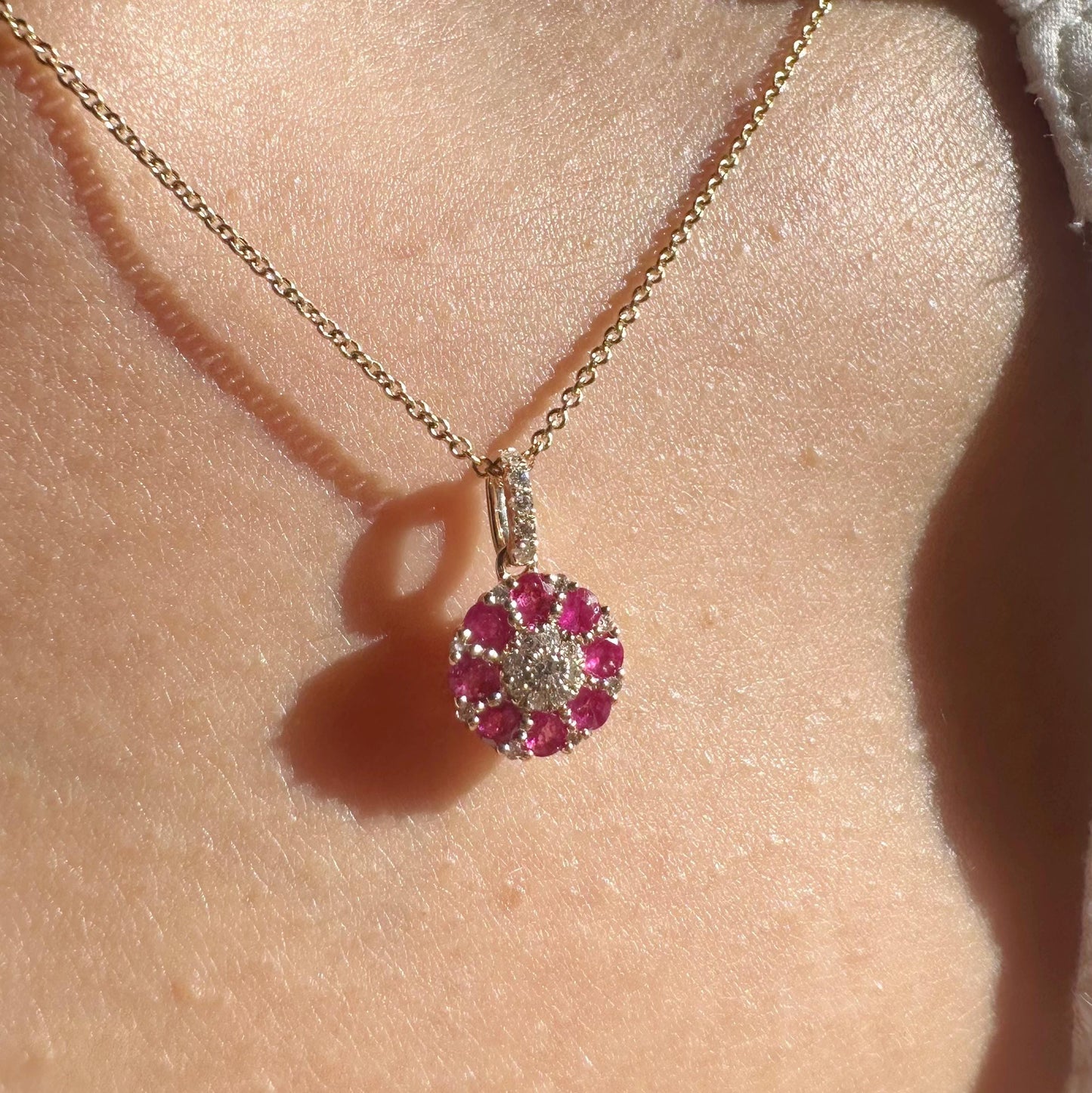 14K Solid Gold Genuine Ruby and Diamond Flower Pendant