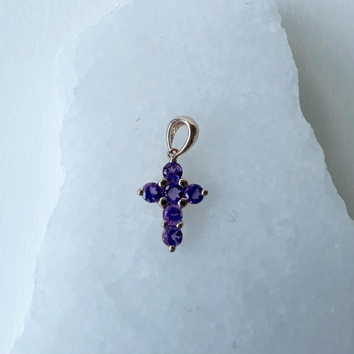 14K Solid Gold Genuine Amethyst Small Cross Pendant (pendant only)