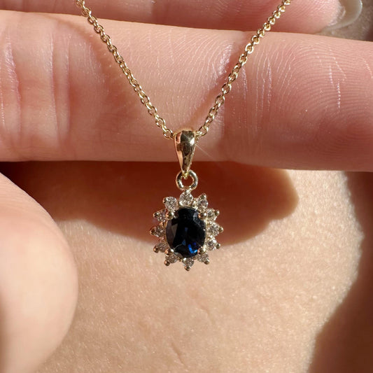 14K Solid Gold Sapphire and Diamond Halo Pendant