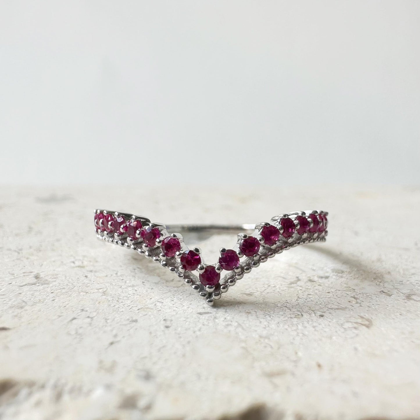 14K Solid White Gold Genuine Ruby Chevron Ring