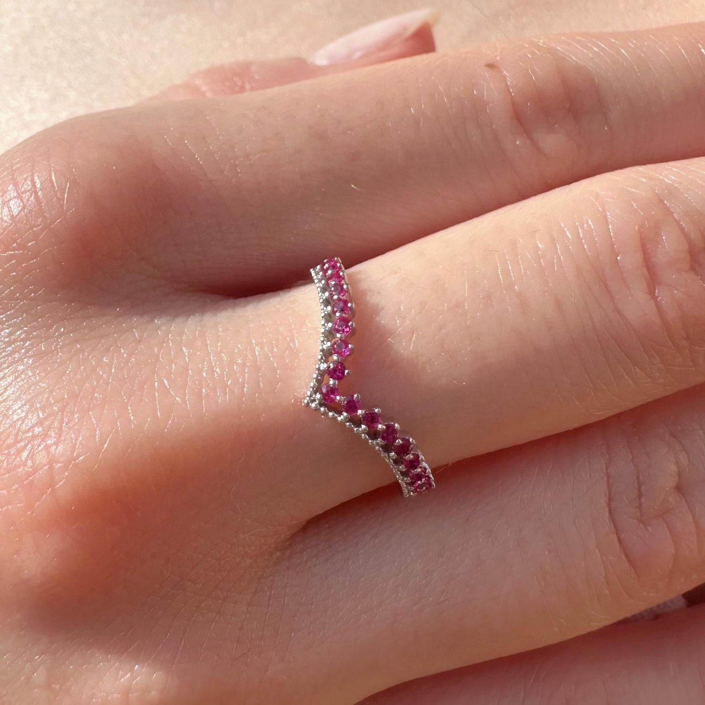 14K Solid White Gold Genuine Ruby Chevron Ring