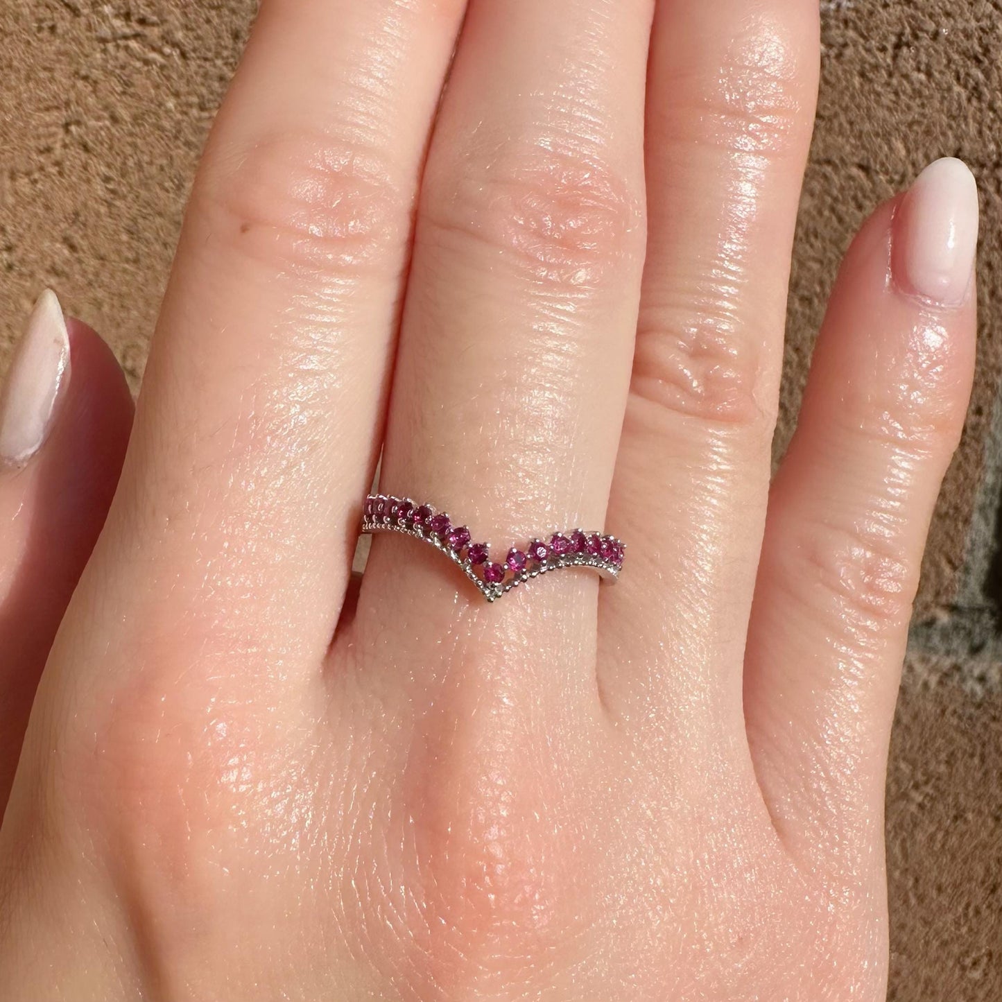 14K Solid White Gold Genuine Ruby Chevron Ring