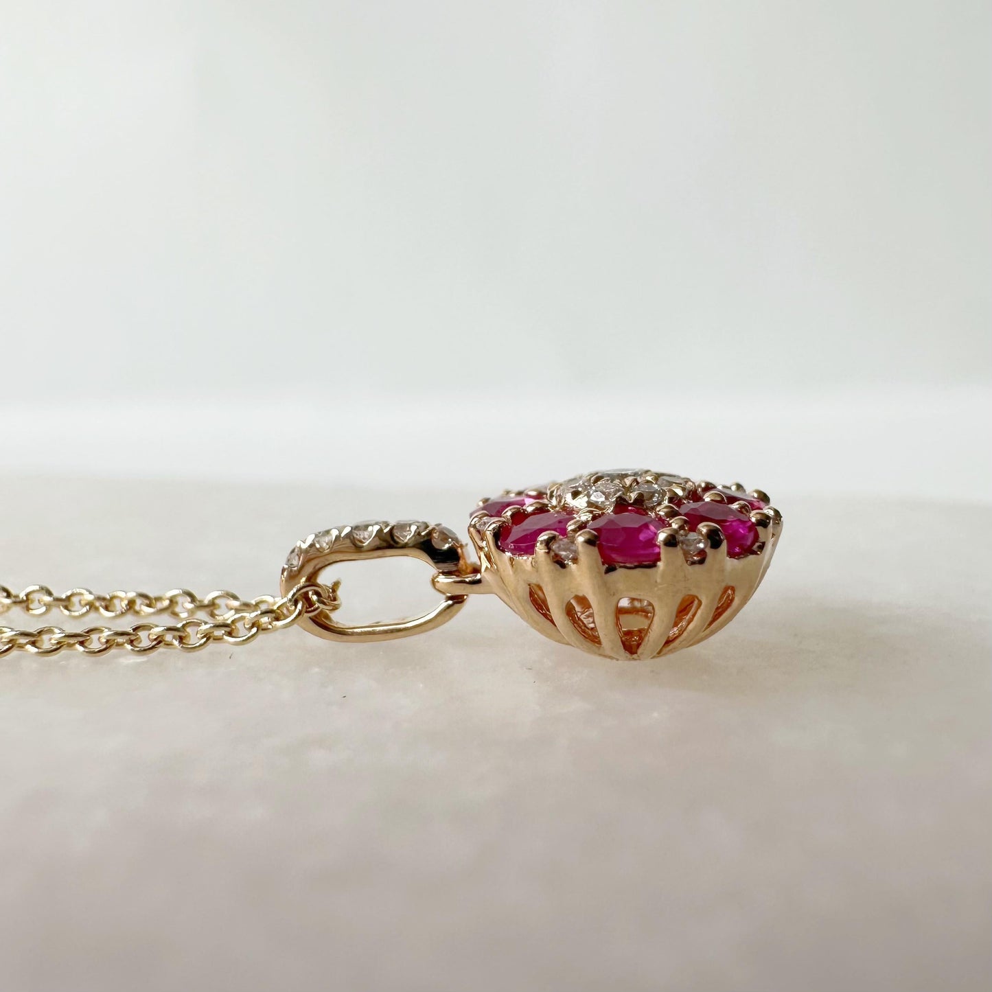 14K Solid Gold Genuine Ruby and Diamond Flower Pendant