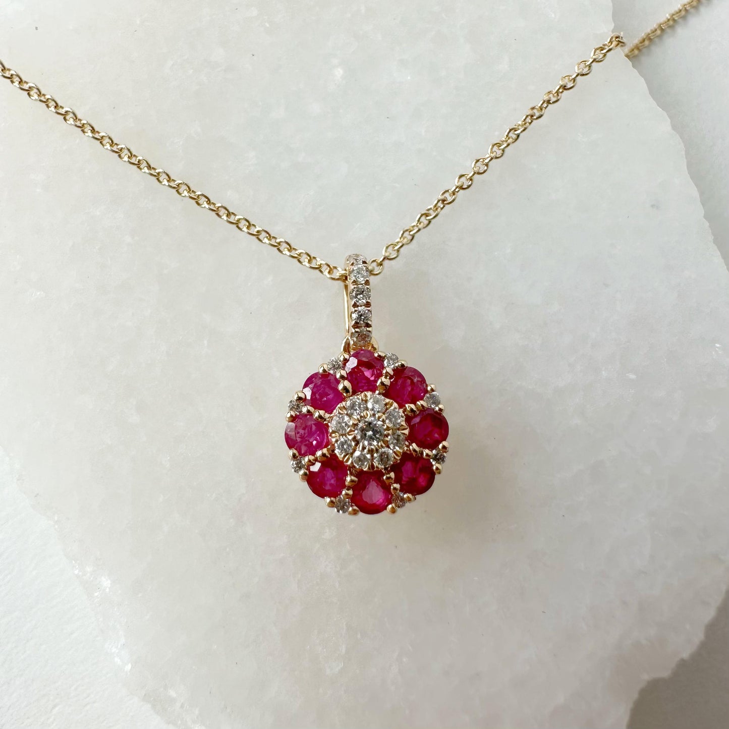 14K Solid Gold Genuine Ruby and Diamond Flower Pendant