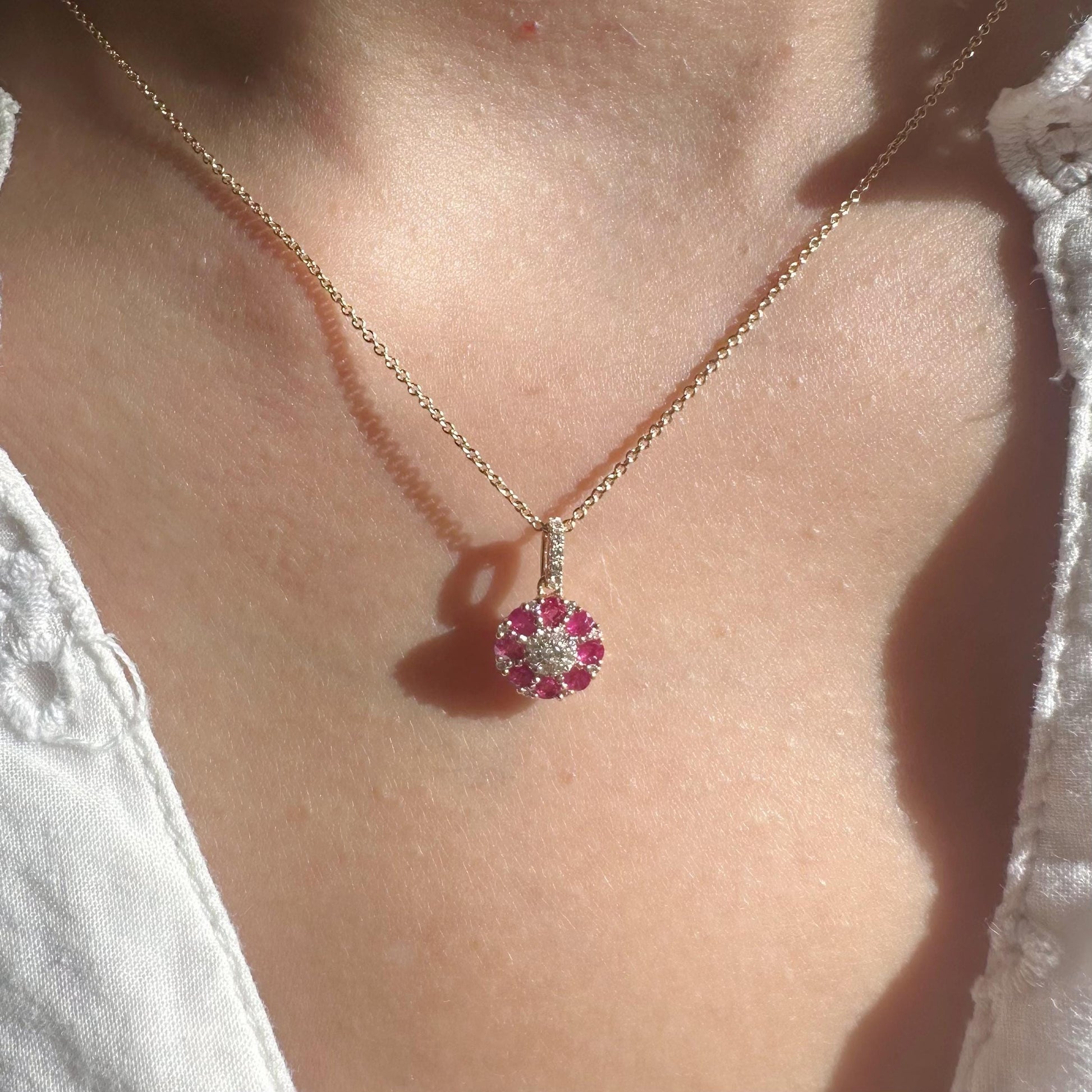 14K Solid Gold Genuine Ruby and Diamond Flower Pendant