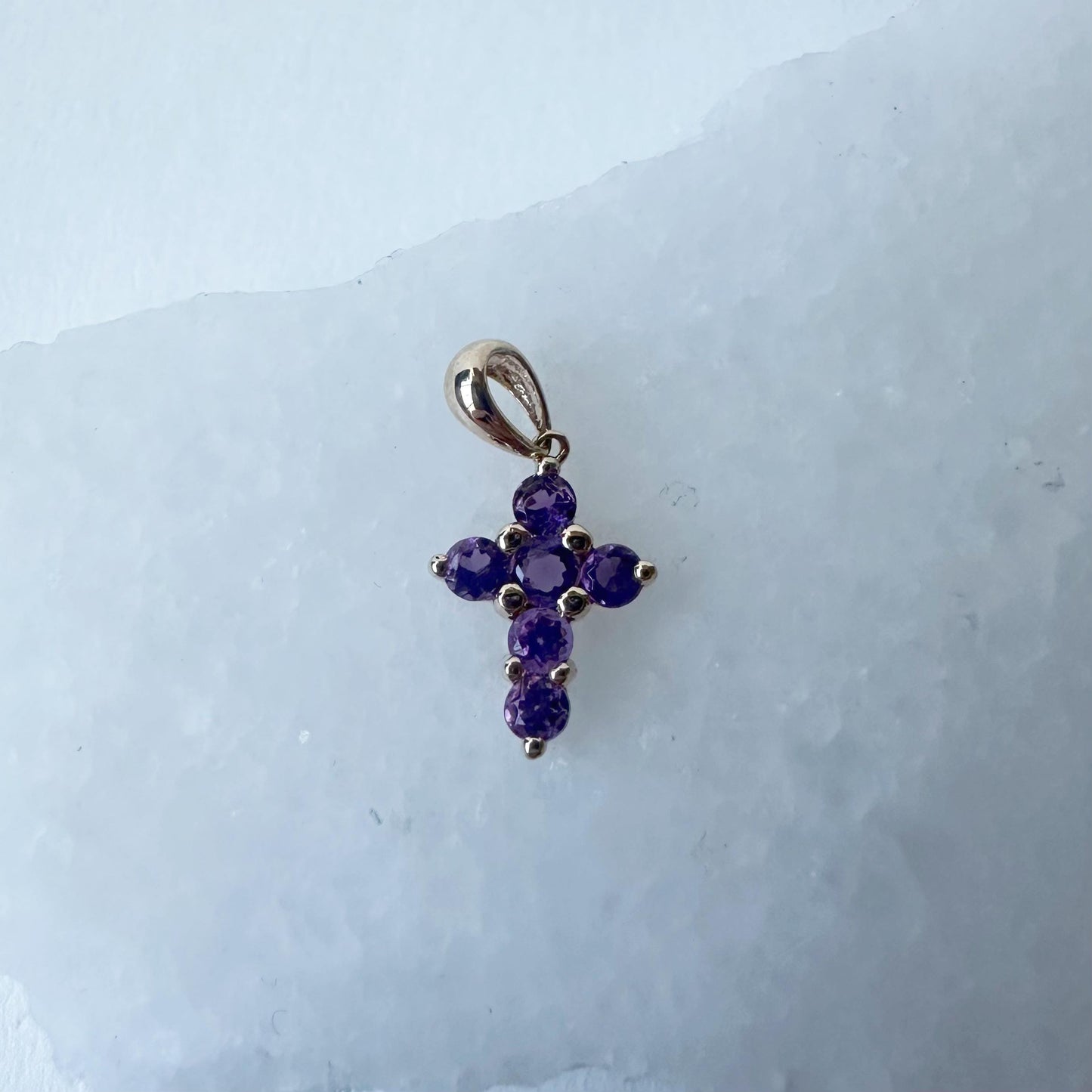 14K Solid Gold Genuine Amethyst Small Cross Pendant (pendant only)